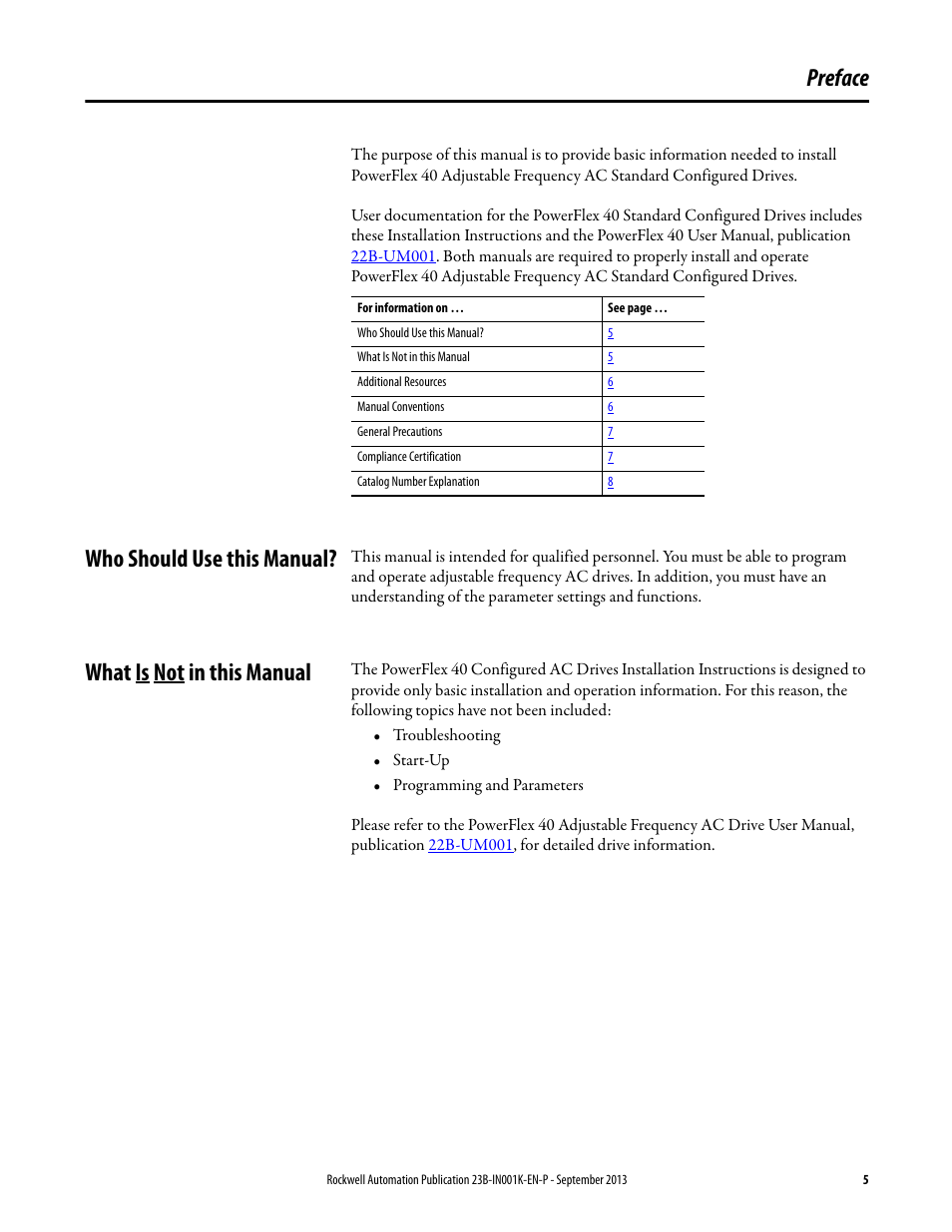 Preface, Who should use this manual, What is not in this manual | Rockwell Automation 22B PowerFlex 40 Configured AC Drives User Manual | Page 5 / 62