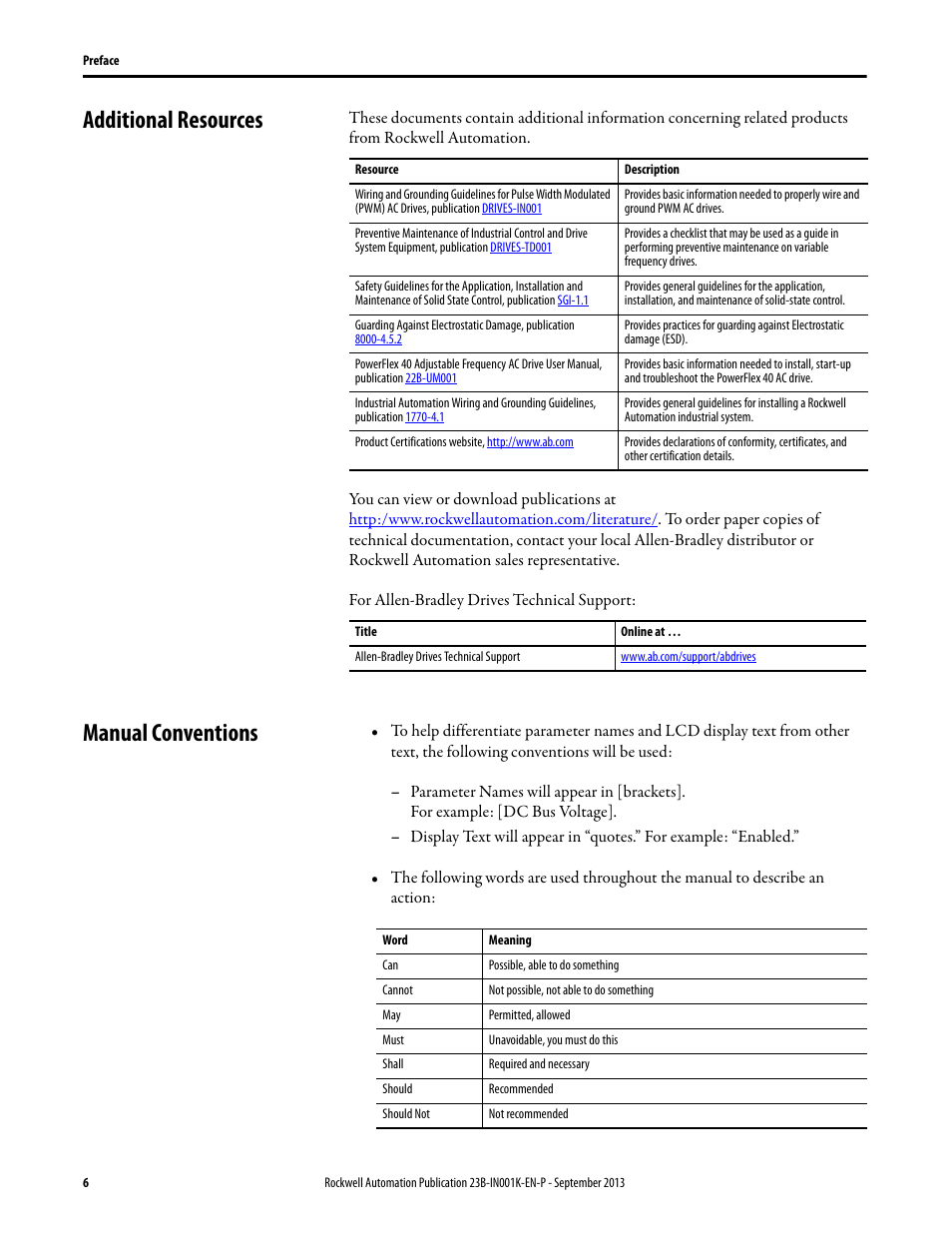 Additional resources, Manual conventions, Additional resources manual conventions | Rockwell Automation 22B PowerFlex 40 Configured AC Drives User Manual | Page 6 / 62