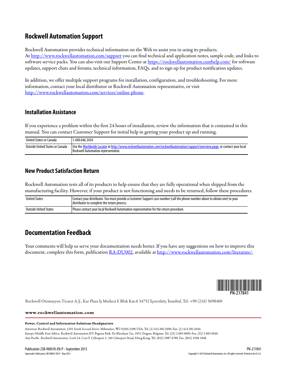 Rockwell automation support, Documentation feedback, Installation assistance | New product satisfaction return | Rockwell Automation 22B PowerFlex 40 Configured AC Drives User Manual | Page 62 / 62