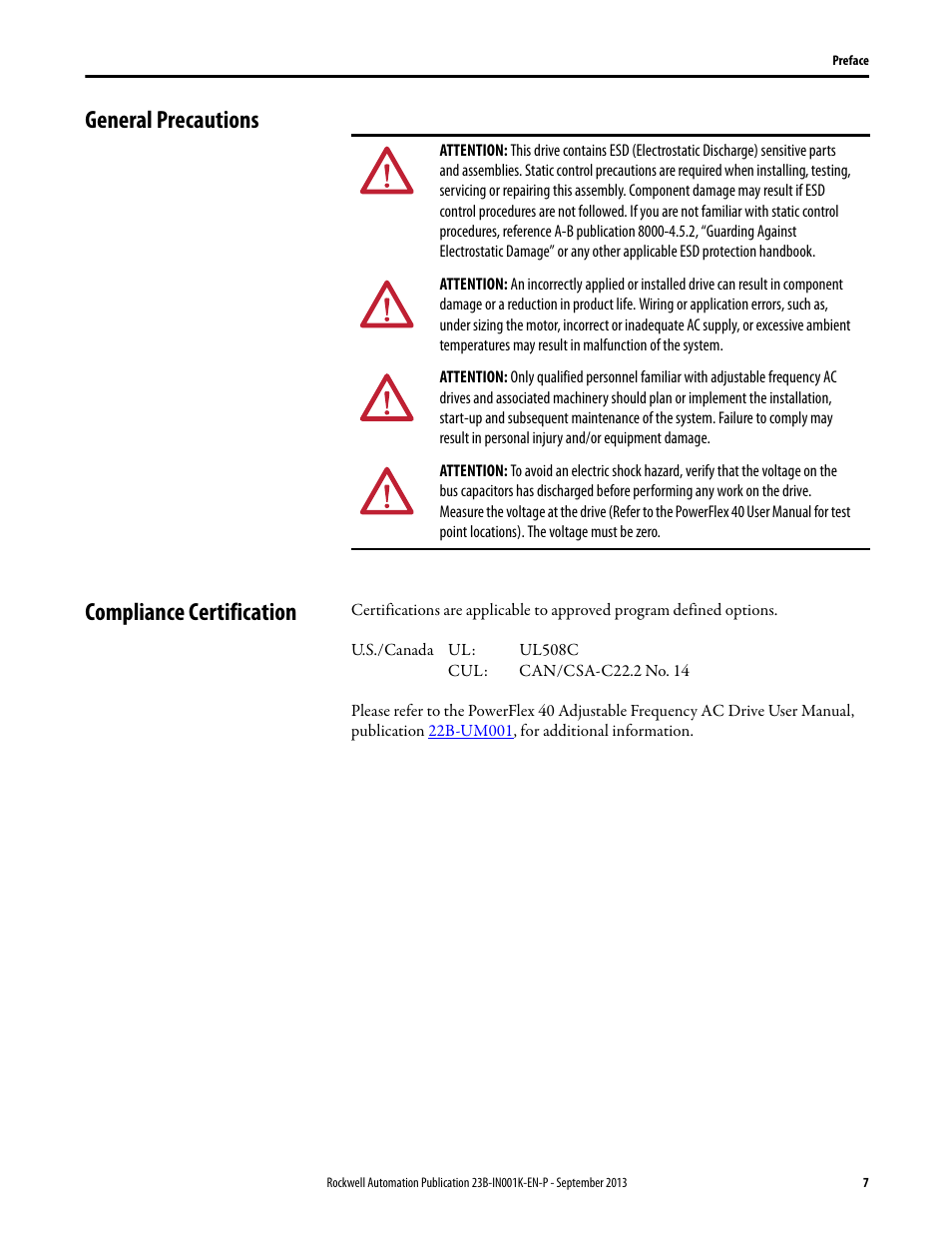General precautions, Compliance certification, General precautions compliance certification | Rockwell Automation 22B PowerFlex 40 Configured AC Drives User Manual | Page 7 / 62