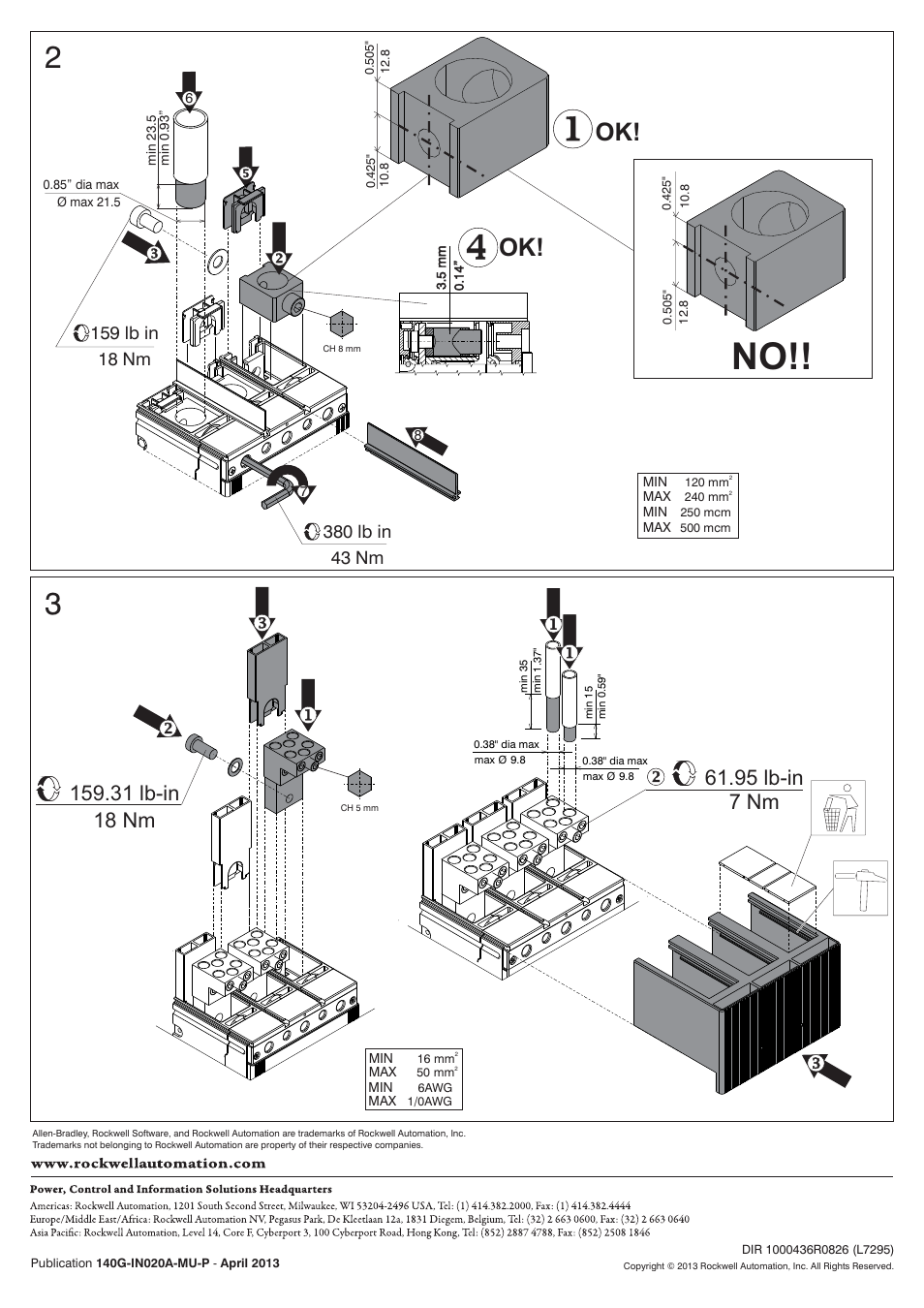 7 nm, 43 nm | Rockwell Automation 140G-K-TLAx_TLCx_MTLx Cu/CuAl Terminal Lug Installation User Manual | Page 2 / 2