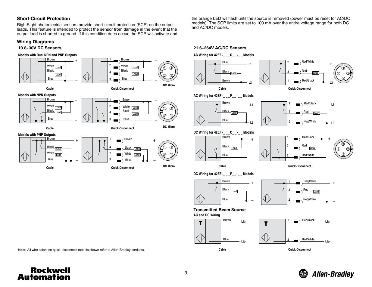 3short-circuit protection, Wiring diagrams | Rockwell Automation 42EF RightSight Photoelectric Sensors User Manual | Page 3 / 4