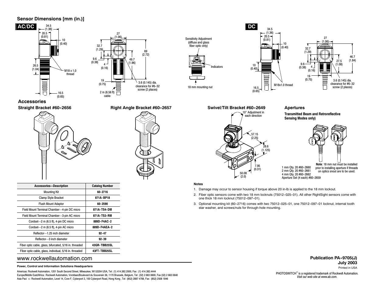 Ac/dc dc, 4sensor dimensions [mm (in.)] accessories | Rockwell Automation 42EF RightSight Photoelectric Sensors User Manual | Page 4 / 4