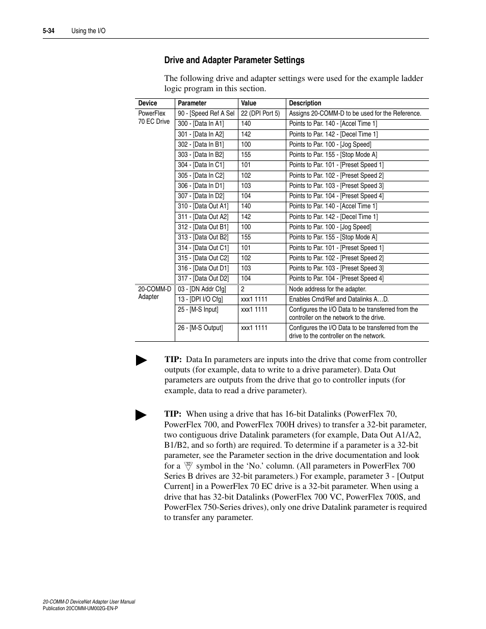 Drive and adapter parameter settings | Rockwell Automation 20-COMM-D DeviceNet Adapter Series B FRN 2.xxx User Manual | Page 118 / 246