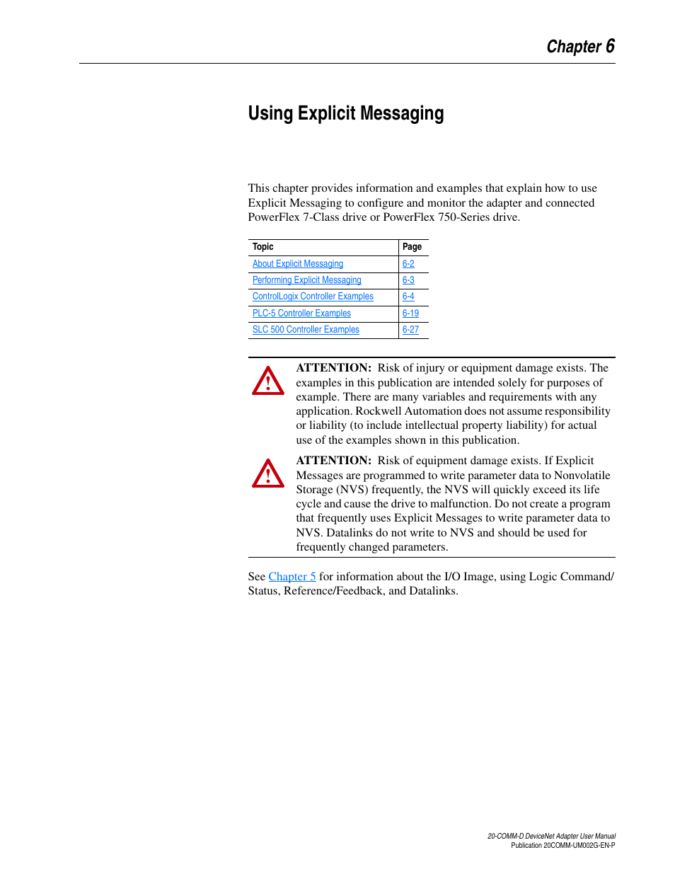 Chapter 6, Using explicit messaging, Using explicit | Messaging | Rockwell Automation 20-COMM-D DeviceNet Adapter Series B FRN 2.xxx User Manual | Page 129 / 246