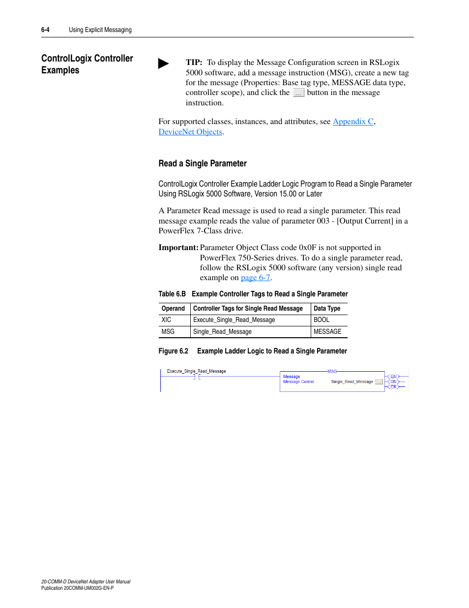 Controllogix controller examples, Read a single parameter, Controllogix controller examples -4 | Rockwell Automation 20-COMM-D DeviceNet Adapter Series B FRN 2.xxx User Manual | Page 132 / 246