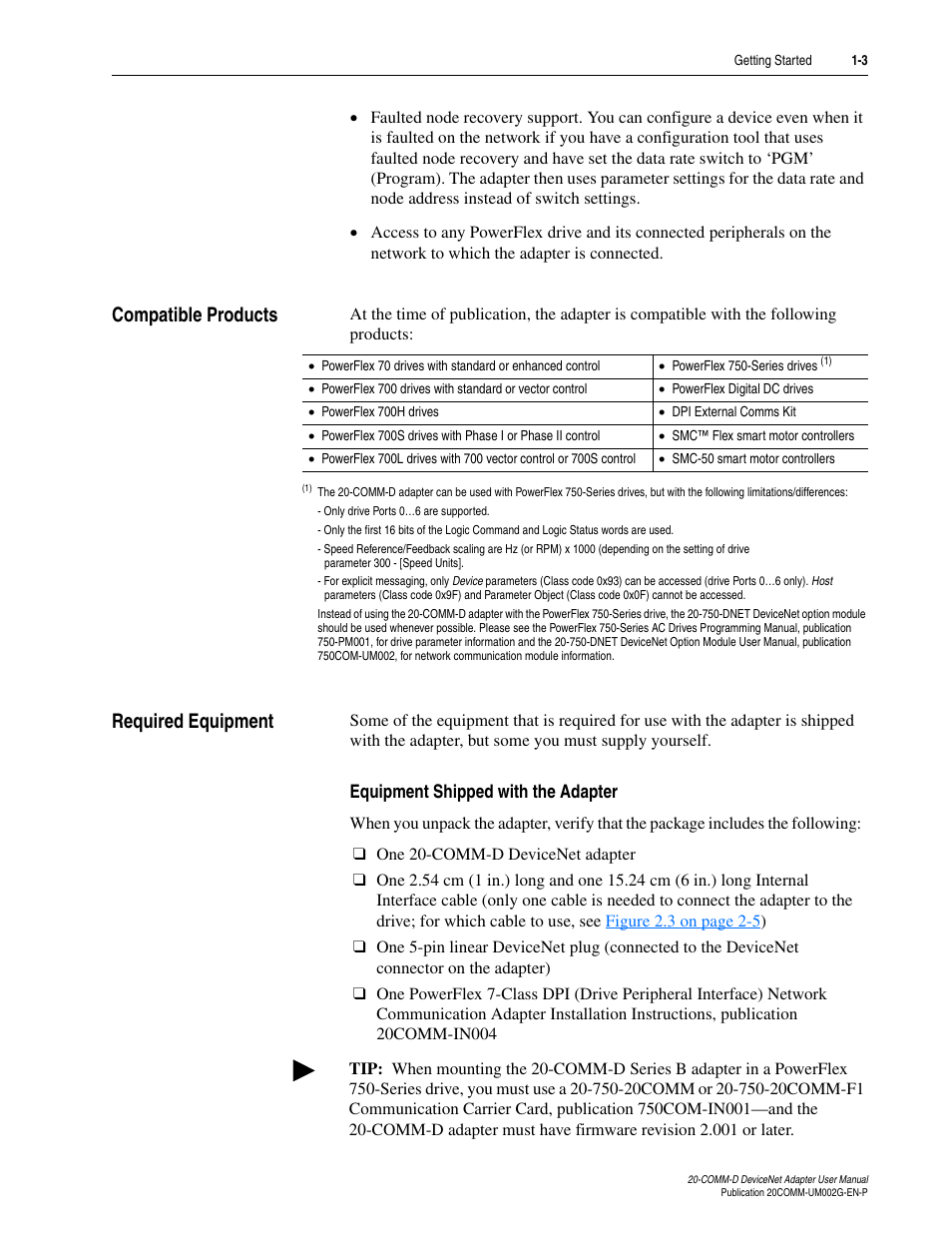 Compatible products, Required equipment, Equipment shipped with the adapter | Compatible products -3 required equipment -3 | Rockwell Automation 20-COMM-D DeviceNet Adapter Series B FRN 2.xxx User Manual | Page 15 / 246