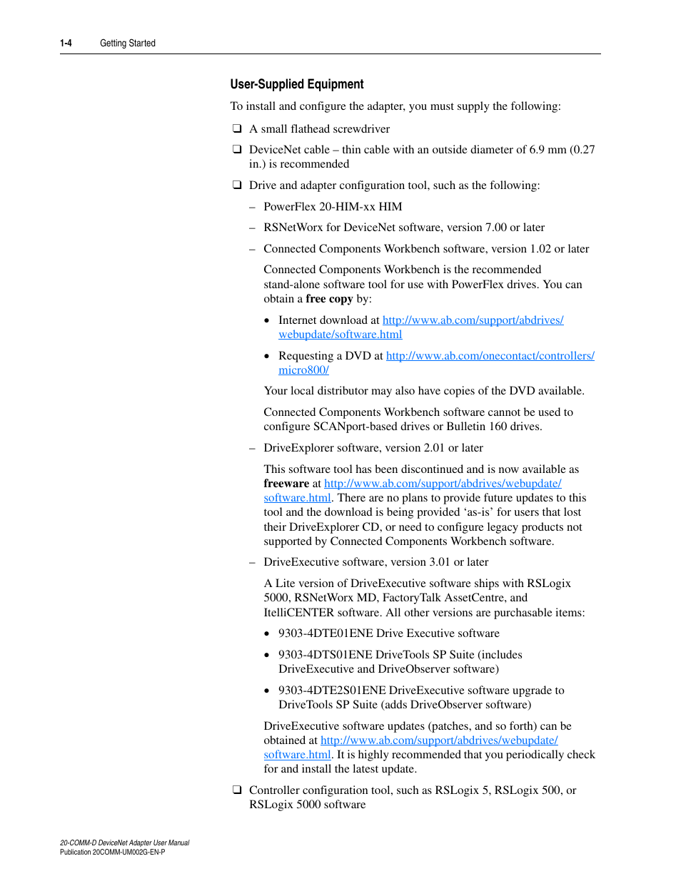 User-supplied equipment | Rockwell Automation 20-COMM-D DeviceNet Adapter Series B FRN 2.xxx User Manual | Page 16 / 246