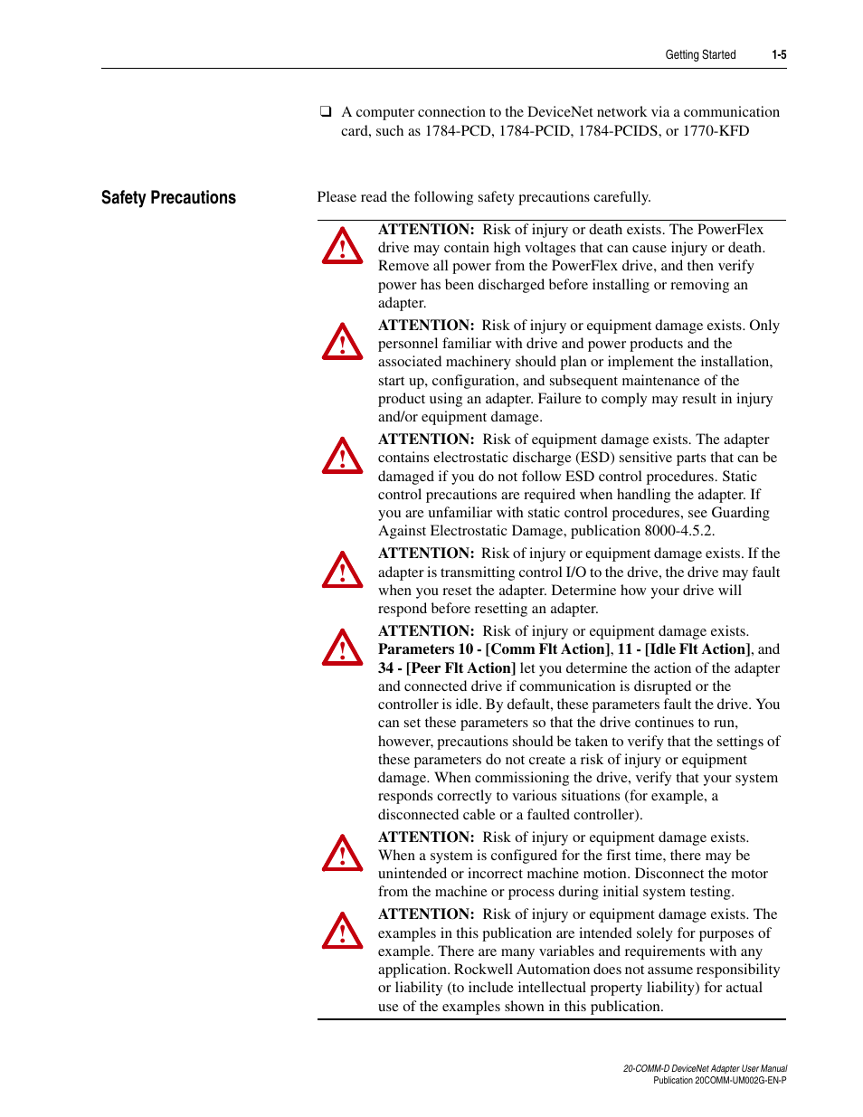 Safety precautions, Safety precautions -5 | Rockwell Automation 20-COMM-D DeviceNet Adapter Series B FRN 2.xxx User Manual | Page 17 / 246
