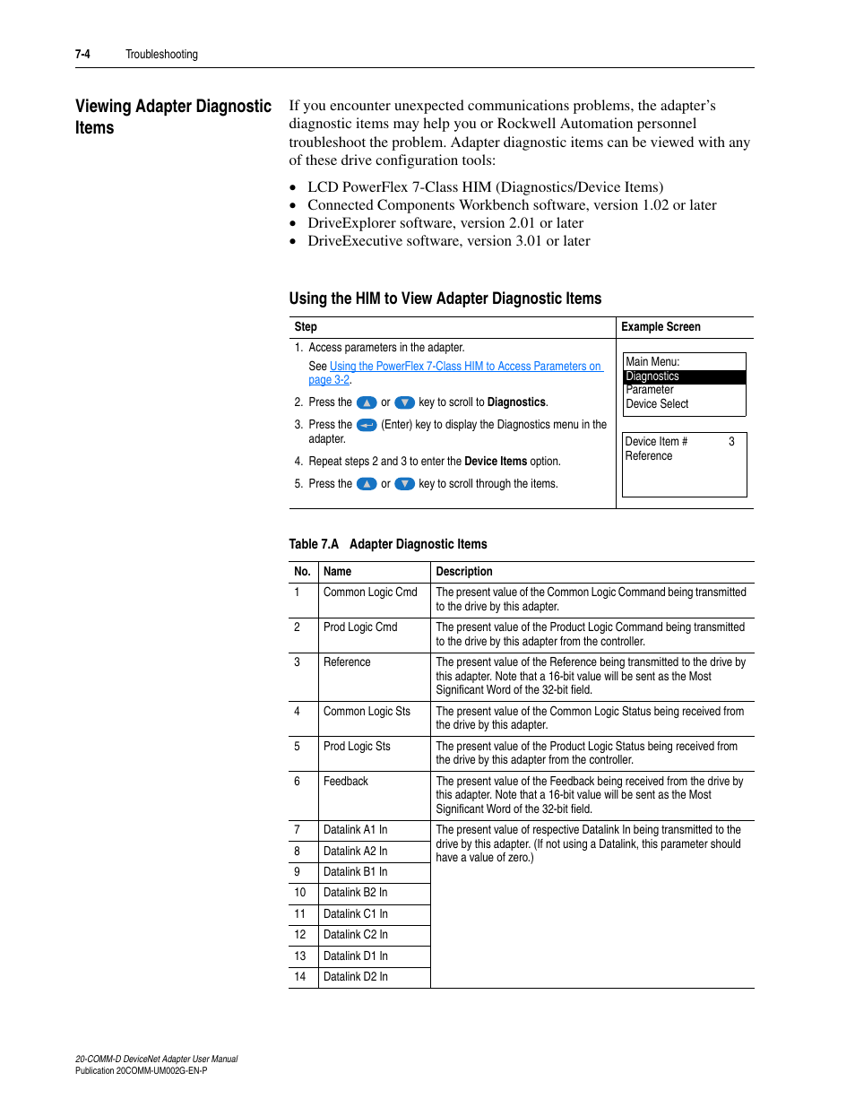 Viewing adapter diagnostic items, Using the him to view adapter diagnostic items, Viewing adapter diagnostic items -4 | Rockwell Automation 20-COMM-D DeviceNet Adapter Series B FRN 2.xxx User Manual | Page 176 / 246