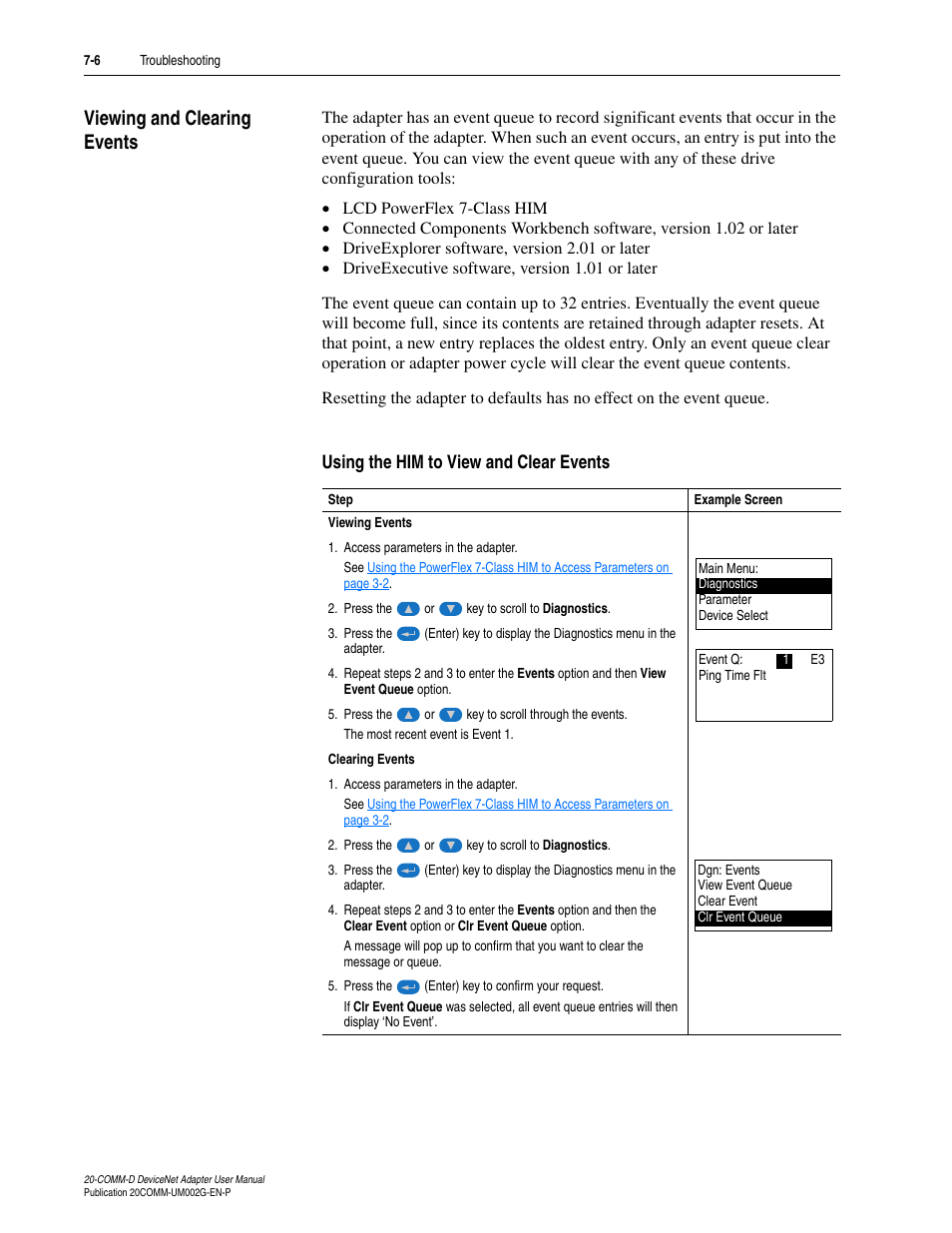 Viewing and clearing events, Using the him to view and clear events, Viewing and clearing events -6 | Rockwell Automation 20-COMM-D DeviceNet Adapter Series B FRN 2.xxx User Manual | Page 178 / 246