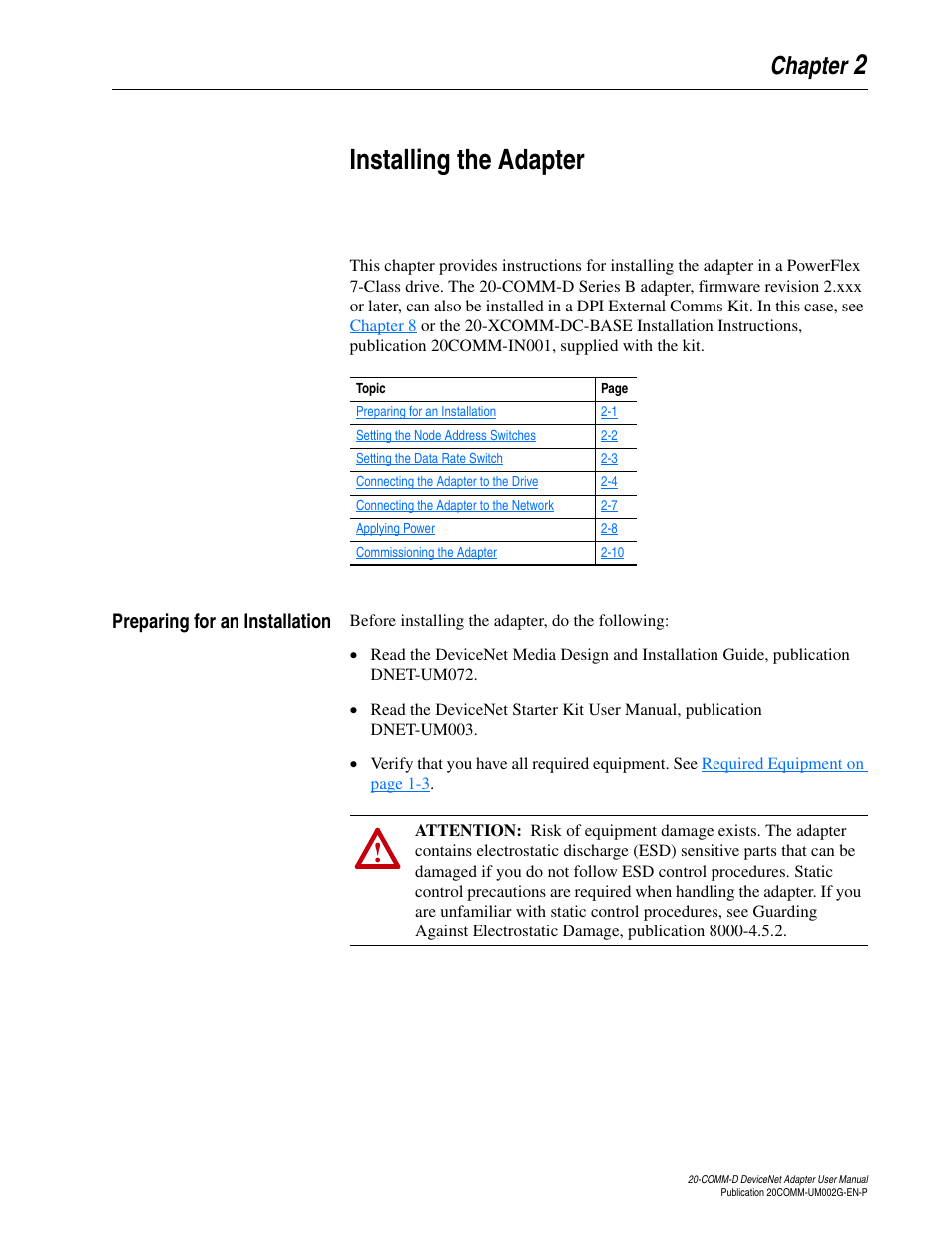 Chapter 2, Installing the adapter, Preparing for an installation | Preparing for an installation -1, 2installing the adapter | Rockwell Automation 20-COMM-D DeviceNet Adapter Series B FRN 2.xxx User Manual | Page 19 / 246