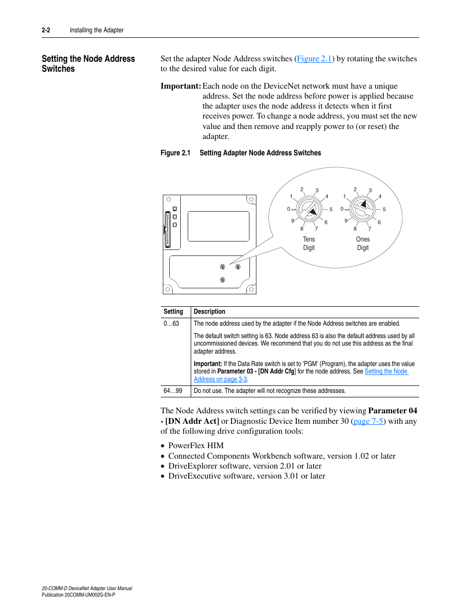 Setting the node address switches, Setting the node address switches -2, Setting the node address | Rockwell Automation 20-COMM-D DeviceNet Adapter Series B FRN 2.xxx User Manual | Page 20 / 246