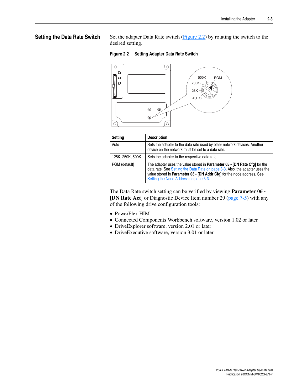 Setting the data rate switch, Setting the data rate switch -3 | Rockwell Automation 20-COMM-D DeviceNet Adapter Series B FRN 2.xxx User Manual | Page 21 / 246
