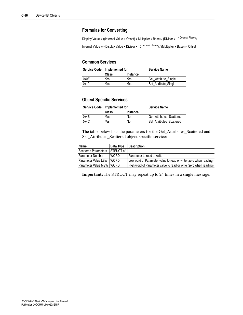 Formulas for converting, Common services, Object specific services | Rockwell Automation 20-COMM-D DeviceNet Adapter Series B FRN 2.xxx User Manual | Page 210 / 246