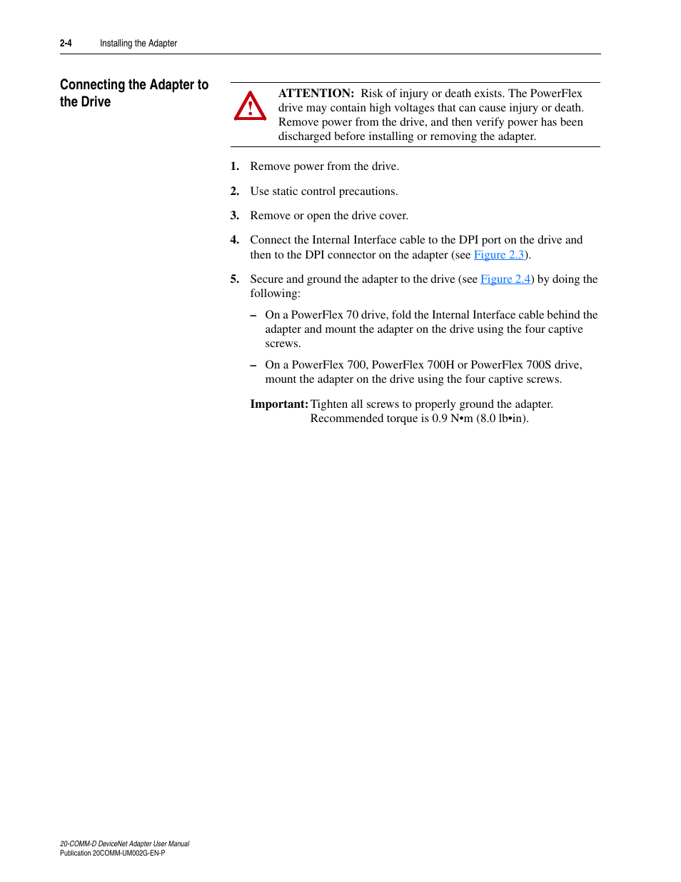 Connecting the adapter to the drive, Connecting the adapter to the drive -4 | Rockwell Automation 20-COMM-D DeviceNet Adapter Series B FRN 2.xxx User Manual | Page 22 / 246