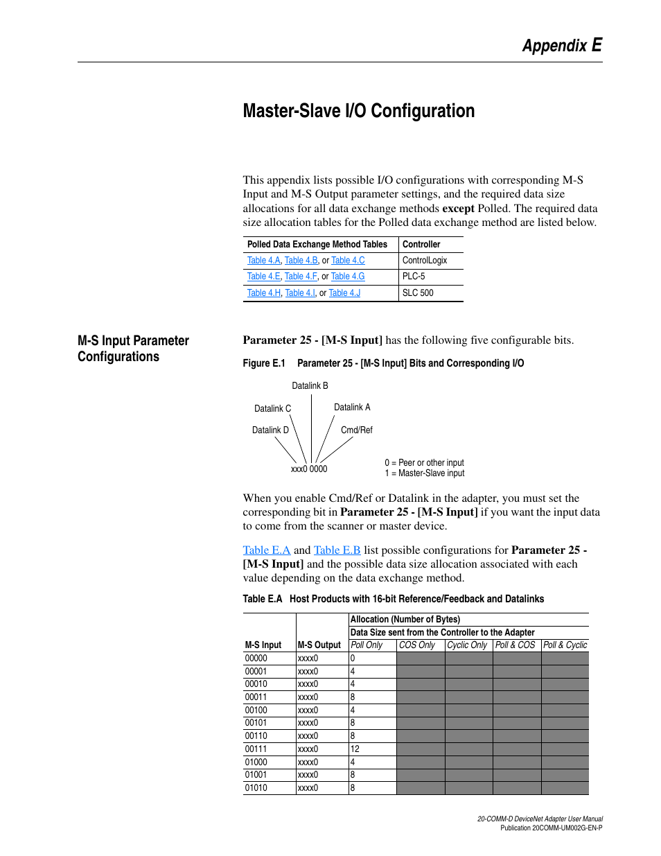 Appendix e, Master-slave i/o configuration, M-s input parameter configurations | Emaster-slave i/o configuration, Appendix | Rockwell Automation 20-COMM-D DeviceNet Adapter Series B FRN 2.xxx User Manual | Page 225 / 246