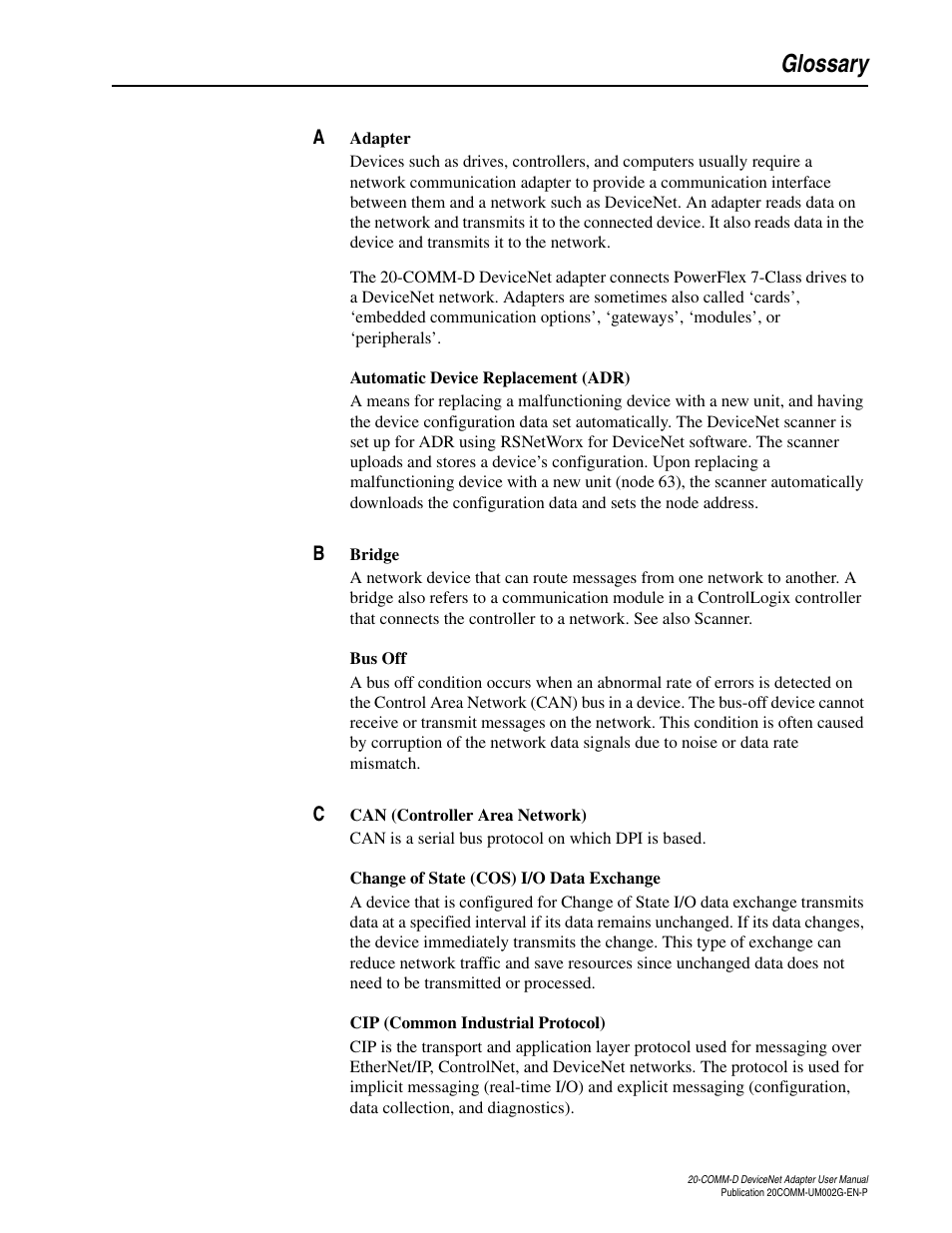 Glossary, E def | Rockwell Automation 20-COMM-D DeviceNet Adapter Series B FRN 2.xxx User Manual | Page 231 / 246