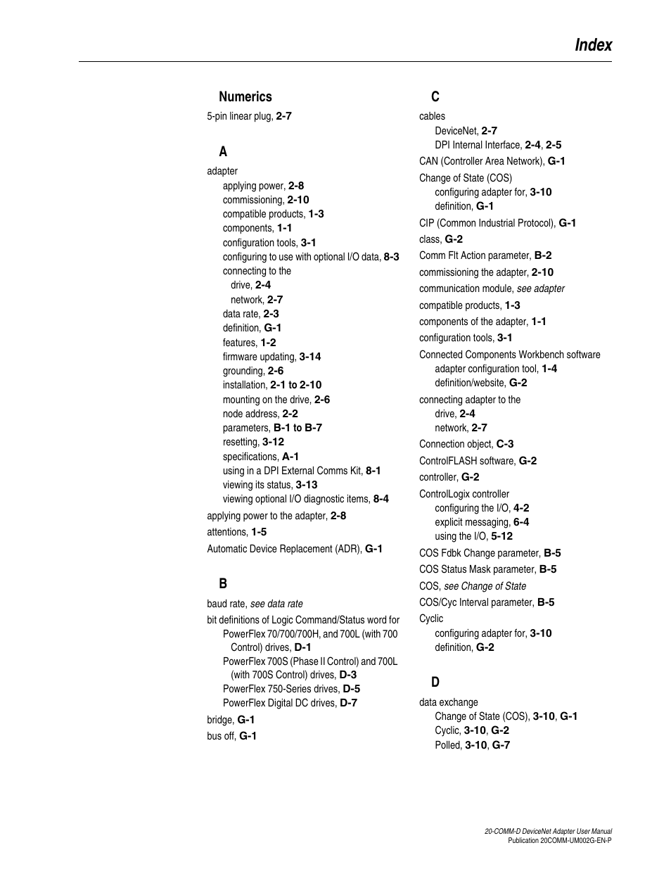 Index | Rockwell Automation 20-COMM-D DeviceNet Adapter Series B FRN 2.xxx User Manual | Page 239 / 246