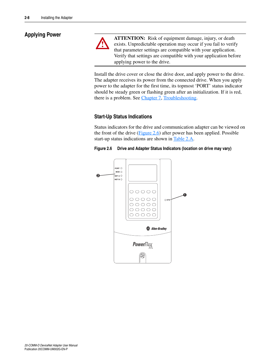 Applying power, Start-up status indications, Applying power -8 | Rockwell Automation 20-COMM-D DeviceNet Adapter Series B FRN 2.xxx User Manual | Page 26 / 246