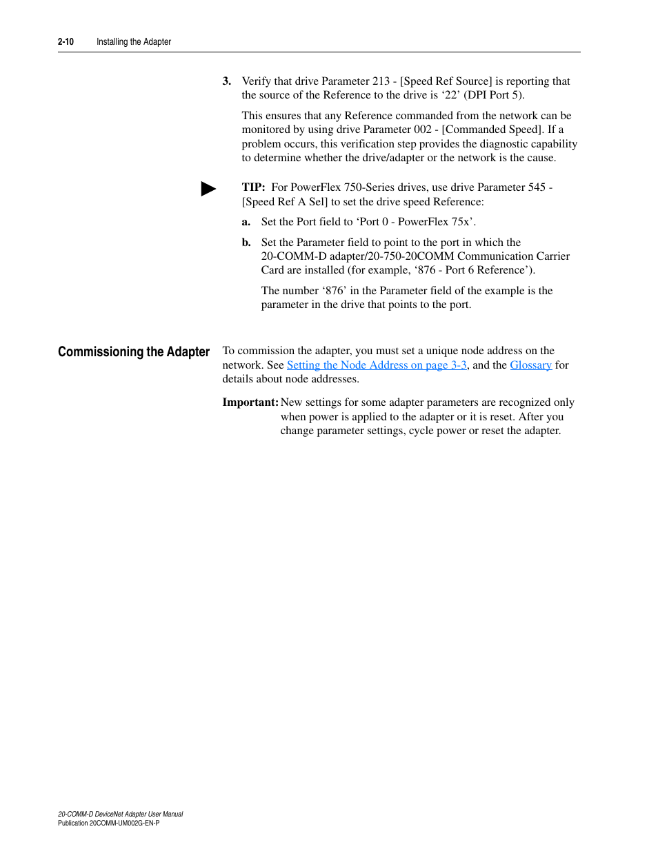 Commissioning the adapter, Commissioning the adapter -10 | Rockwell Automation 20-COMM-D DeviceNet Adapter Series B FRN 2.xxx User Manual | Page 28 / 246