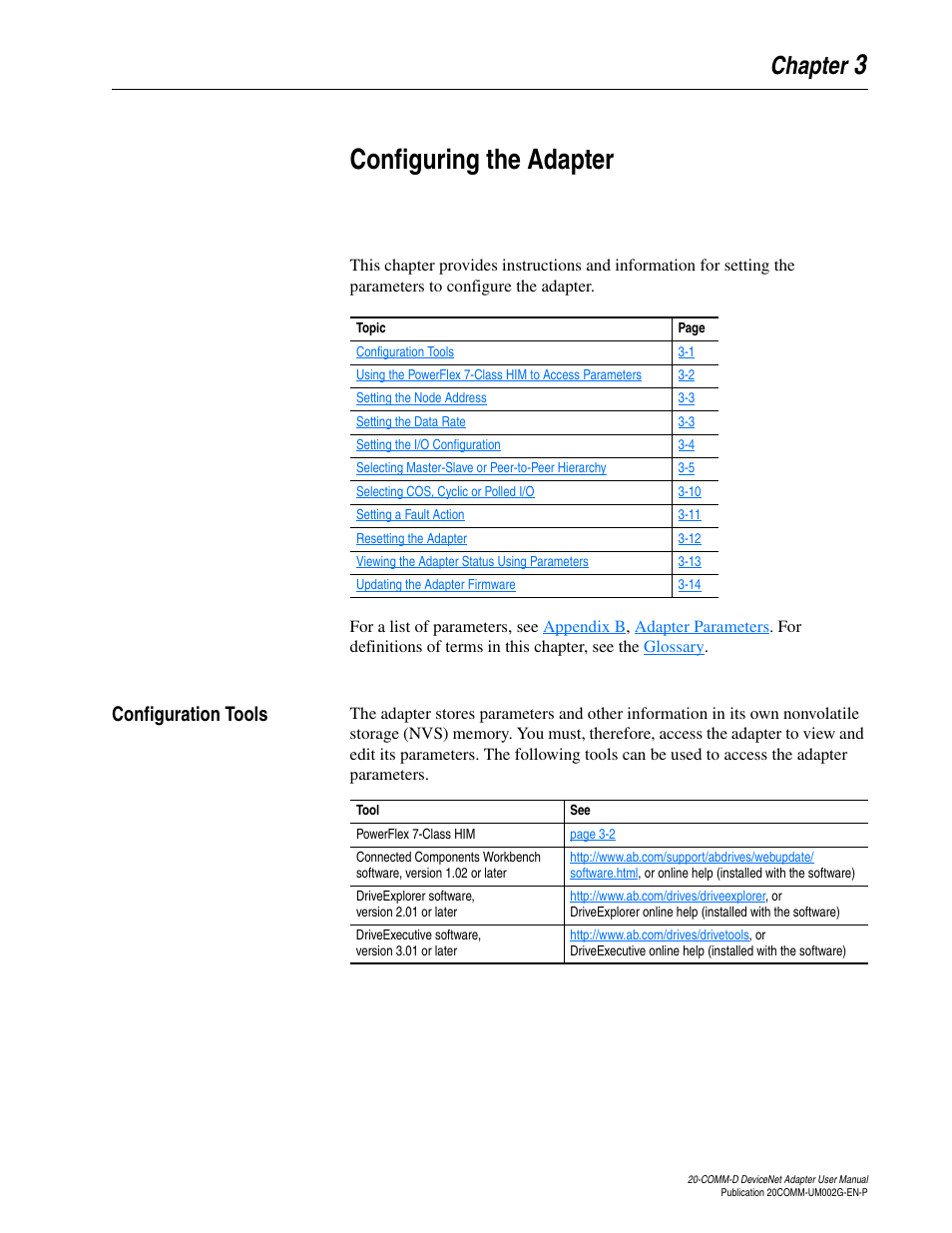 Chapter 3, Configuring the adapter, Configuration tools | Configuration tools -1, 3configuring the adapter, Chapter | Rockwell Automation 20-COMM-D DeviceNet Adapter Series B FRN 2.xxx User Manual | Page 29 / 246