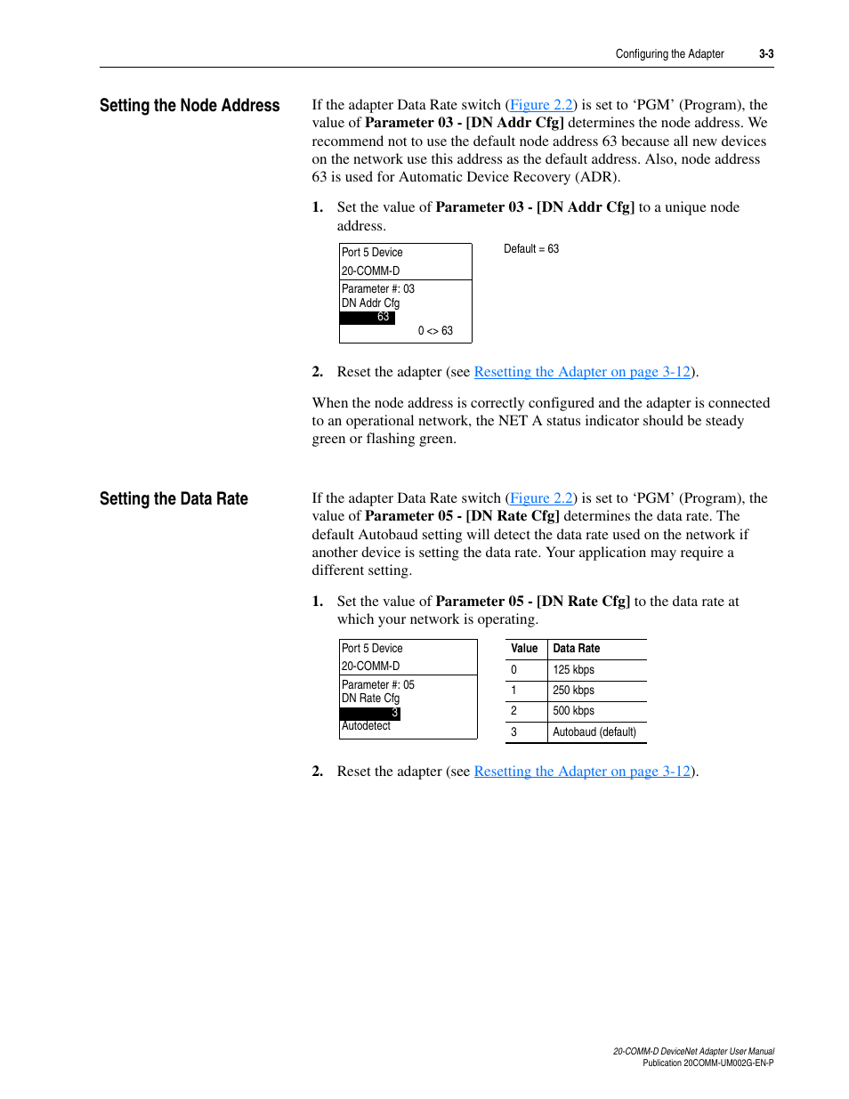 Setting the node address, Setting the data rate, Setting the node | Rockwell Automation 20-COMM-D DeviceNet Adapter Series B FRN 2.xxx User Manual | Page 31 / 246