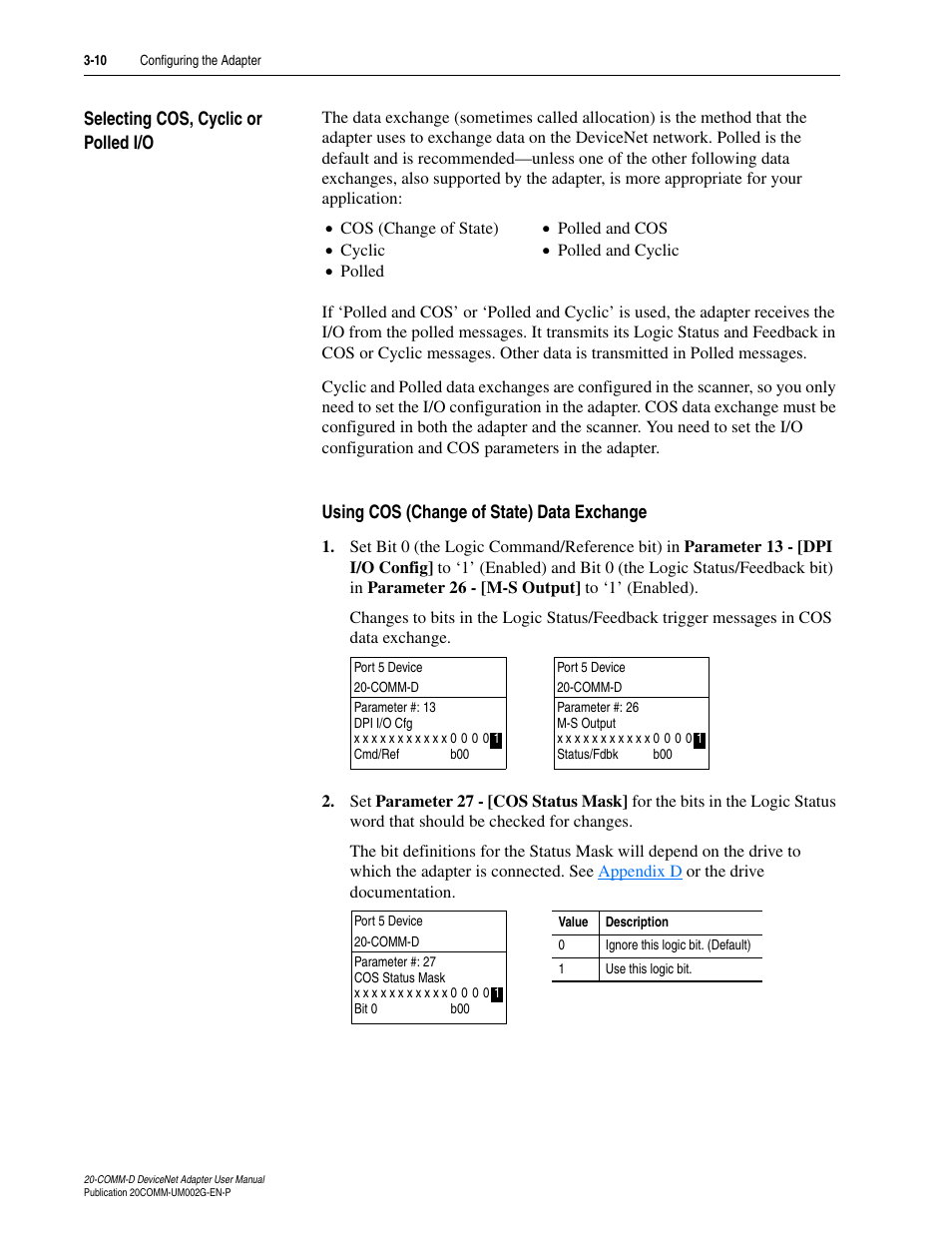 Selecting cos, cyclic or polled i/o, Using cos (change of state) data exchange, Selecting cos, cyclic or polled i/o -10 | Rockwell Automation 20-COMM-D DeviceNet Adapter Series B FRN 2.xxx User Manual | Page 38 / 246