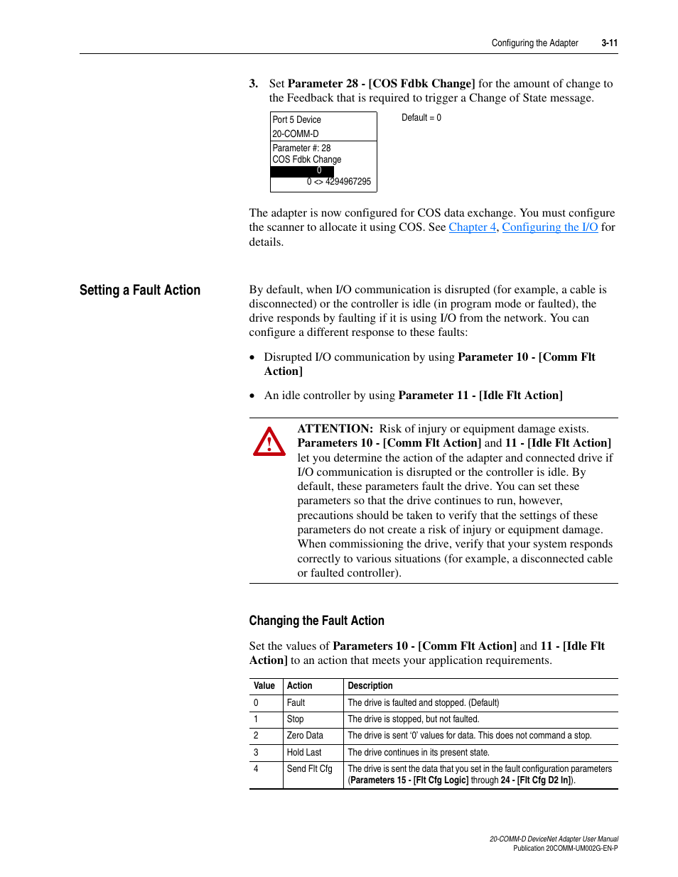 Setting a fault action, Changing the fault action, Setting a fault action -11 | Rockwell Automation 20-COMM-D DeviceNet Adapter Series B FRN 2.xxx User Manual | Page 39 / 246