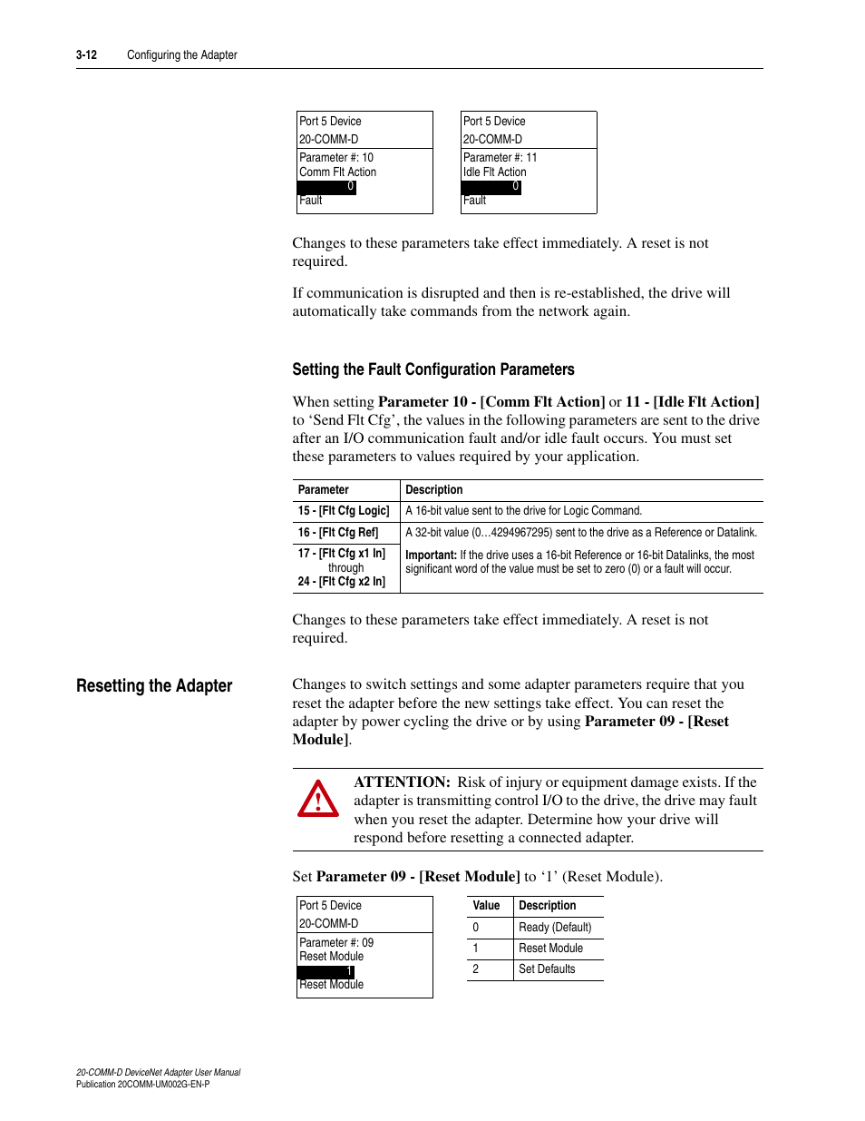 Setting the fault configuration parameters, Resetting the adapter, Resetting the adapter -12 | Rockwell Automation 20-COMM-D DeviceNet Adapter Series B FRN 2.xxx User Manual | Page 40 / 246