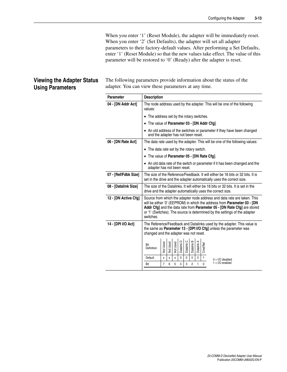 Viewing the adapter status using parameters, Viewing the adapter status using parameters -13 | Rockwell Automation 20-COMM-D DeviceNet Adapter Series B FRN 2.xxx User Manual | Page 41 / 246