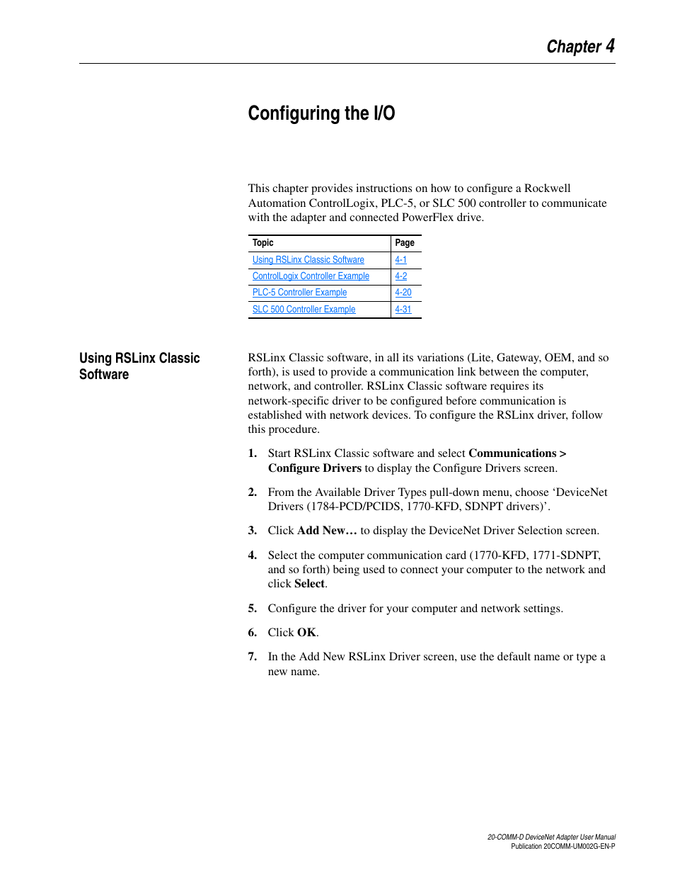 Chapter 4, Configuring the i/o, Using rslinx classic software | Using rslinx classic software -1 | Rockwell Automation 20-COMM-D DeviceNet Adapter Series B FRN 2.xxx User Manual | Page 43 / 246