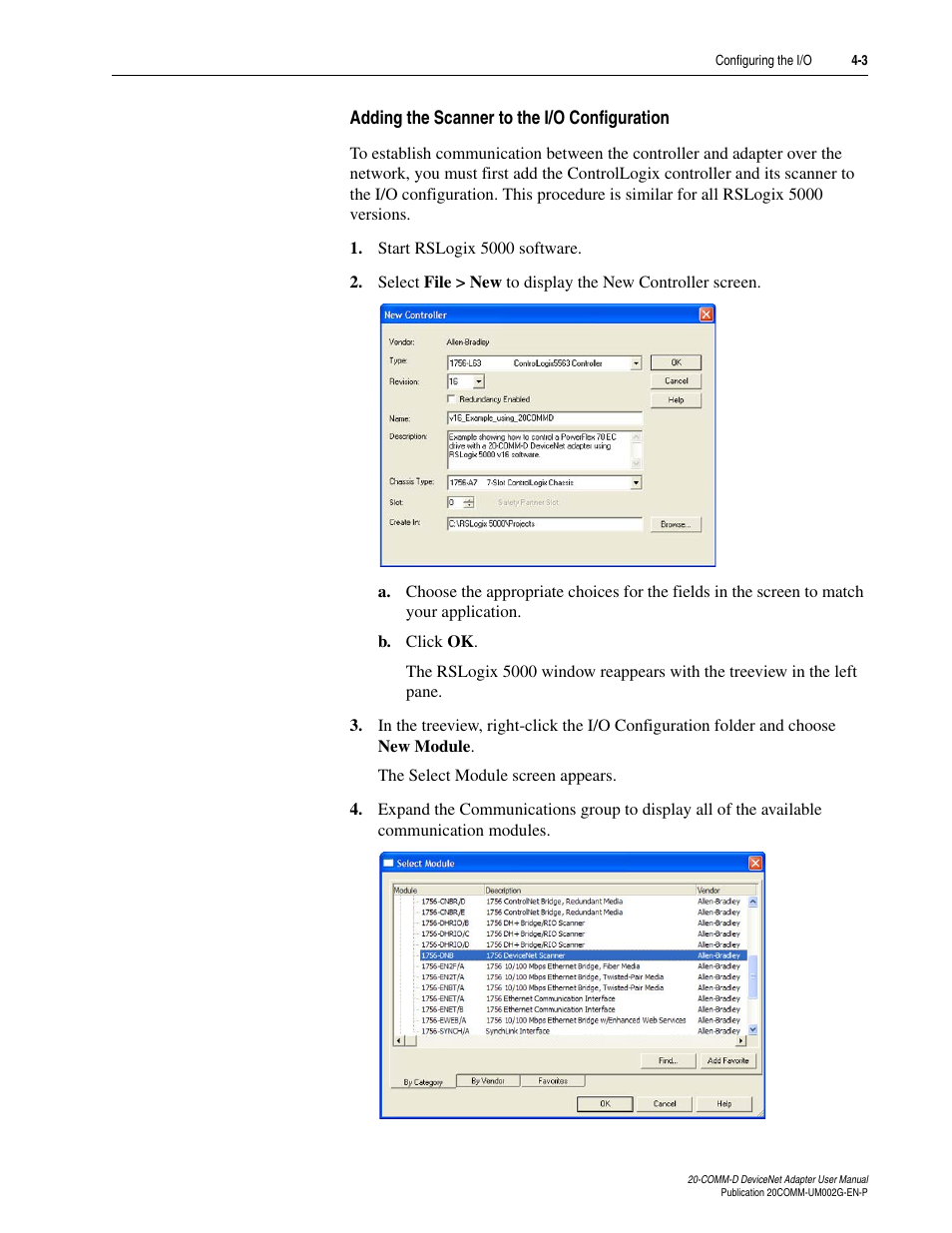 Adding the scanner to the i/o configuration | Rockwell Automation 20-COMM-D DeviceNet Adapter Series B FRN 2.xxx User Manual | Page 45 / 246