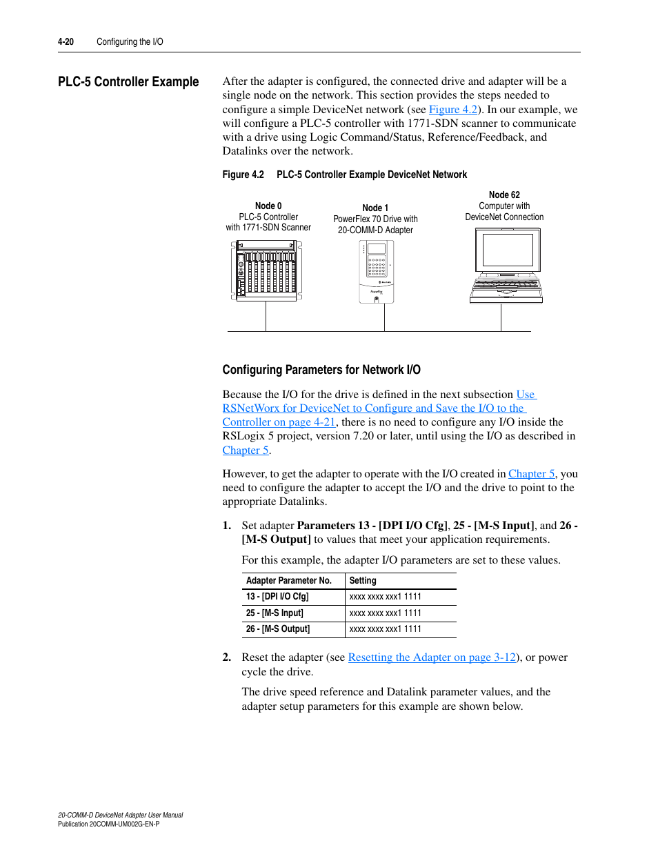 Plc-5 controller example, Configuring parameters for network i/o, Plc-5 controller example -20 | Rockwell Automation 20-COMM-D DeviceNet Adapter Series B FRN 2.xxx User Manual | Page 62 / 246