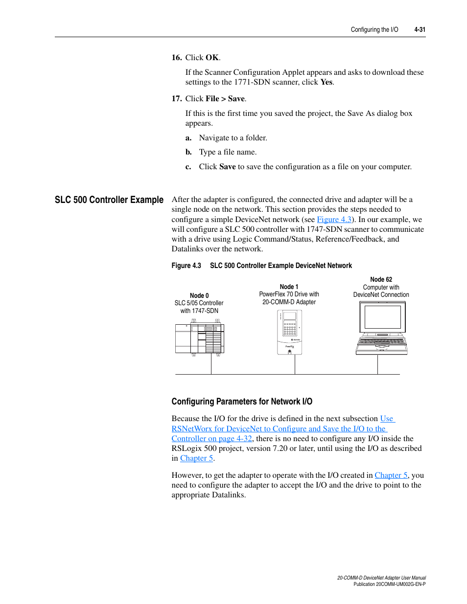 Slc 500 controller example, Configuring parameters for network i/o, Slc 500 controller example -31 | Rockwell Automation 20-COMM-D DeviceNet Adapter Series B FRN 2.xxx User Manual | Page 73 / 246