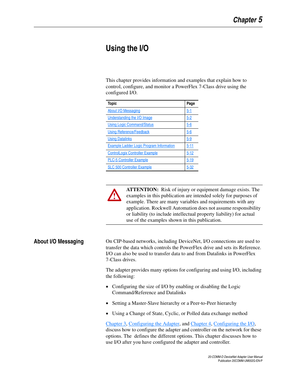 Chapter 5, Using the i/o, About i/o messaging | About i/o messaging -1, 5using the i/o | Rockwell Automation 20-COMM-D DeviceNet Adapter Series B FRN 2.xxx User Manual | Page 85 / 246