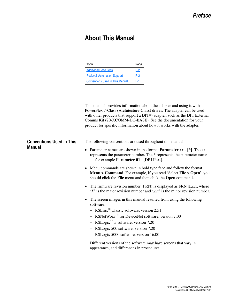 Preface, About this manual, Conventions used in this manual | Rockwell Automation 20-COMM-D DeviceNet Adapter Series B FRN 2.xxx User Manual | Page 9 / 246