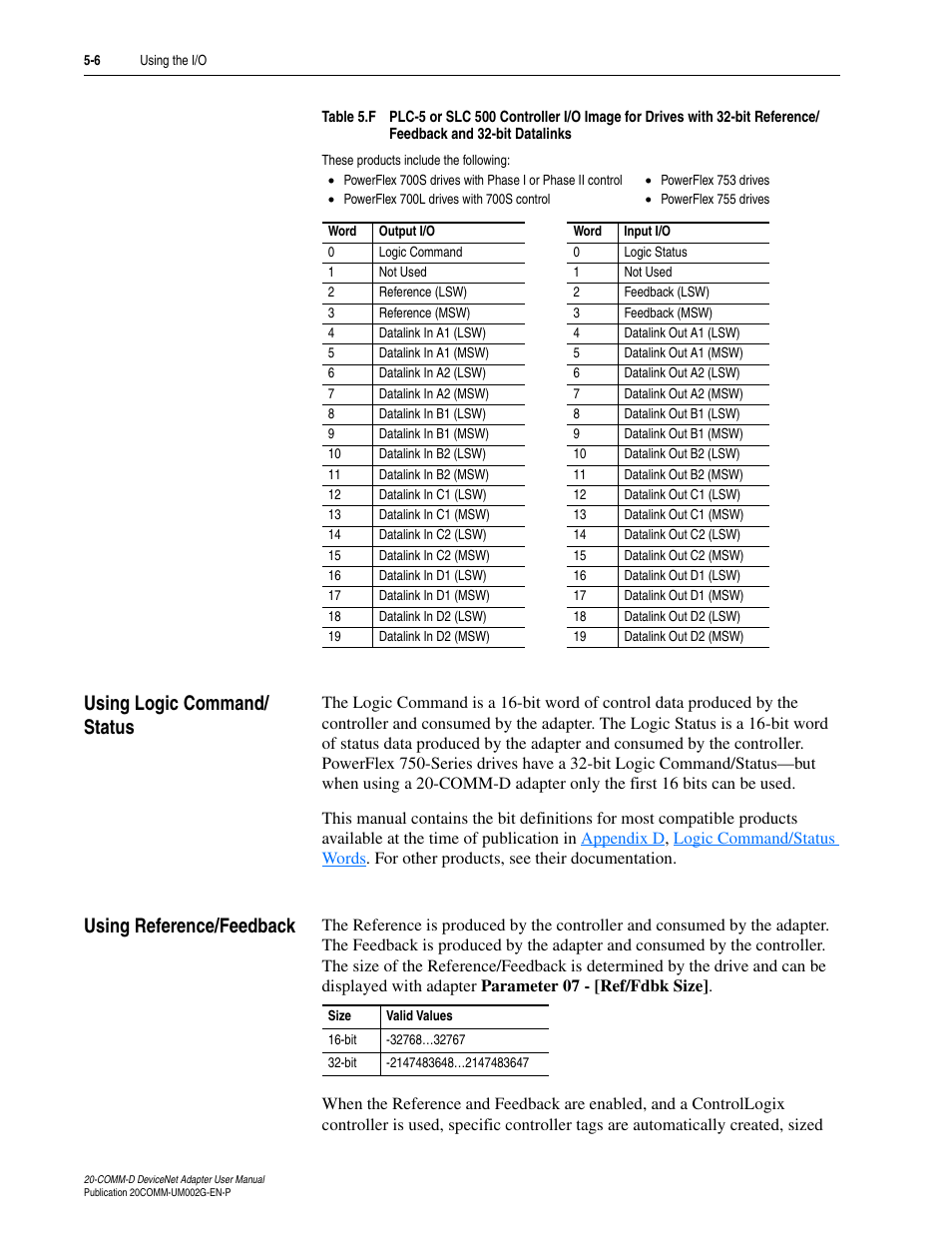 Using logic command/ status, Using reference/feedback, Using logic command/status | Rockwell Automation 20-COMM-D DeviceNet Adapter Series B FRN 2.xxx User Manual | Page 90 / 246