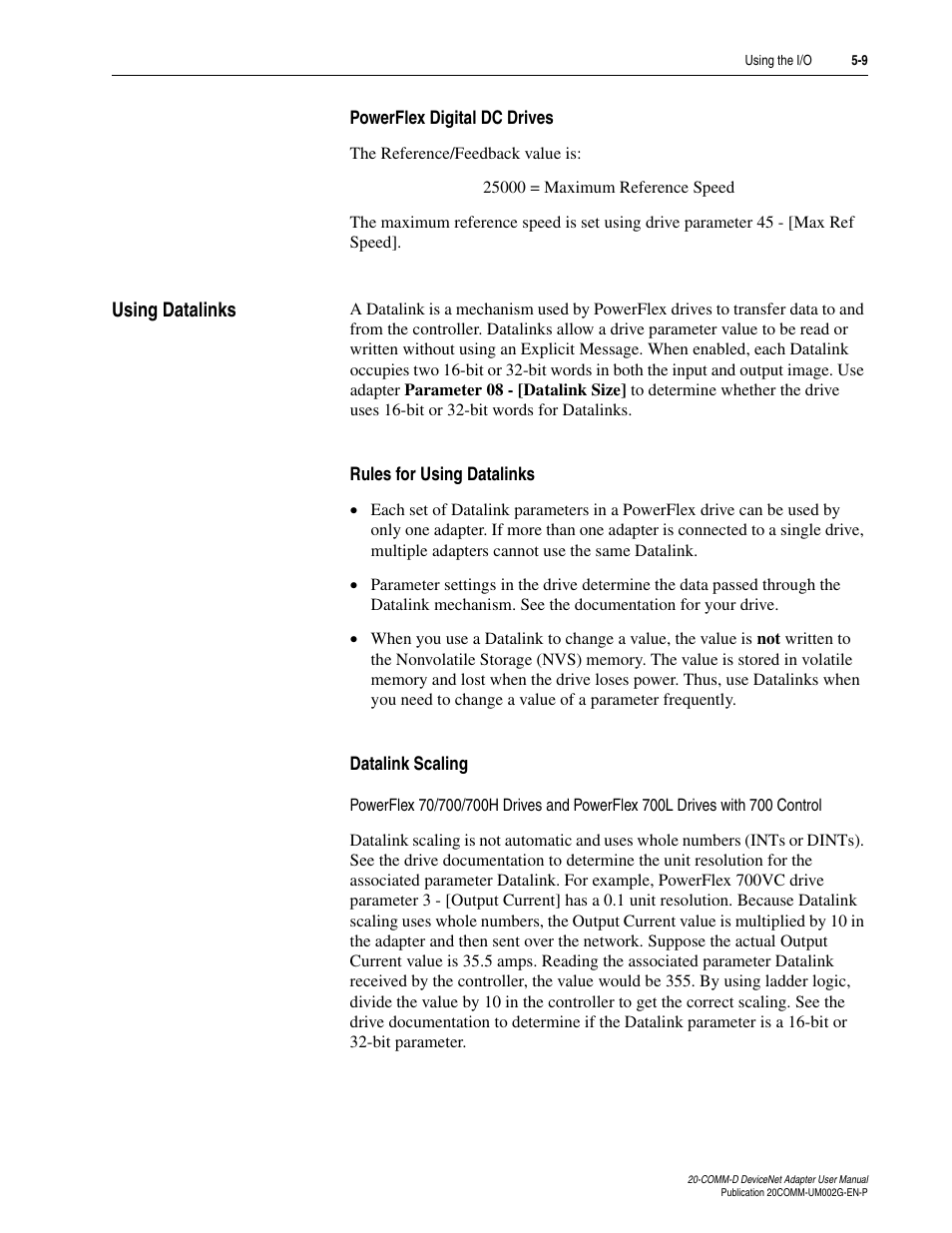 Powerflex digital dc drives, Using datalinks, Rules for using datalinks | Datalink scaling, Using datalinks -9 | Rockwell Automation 20-COMM-D DeviceNet Adapter Series B FRN 2.xxx User Manual | Page 93 / 246