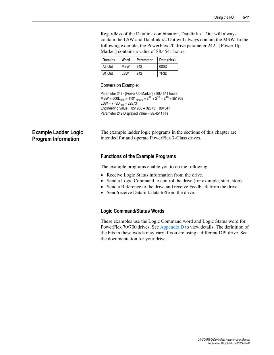 Example ladder logic program information, Functions of the example programs, Logic command/status words | Example ladder logic program information -11 | Rockwell Automation 20-COMM-D DeviceNet Adapter Series B FRN 2.xxx User Manual | Page 95 / 246