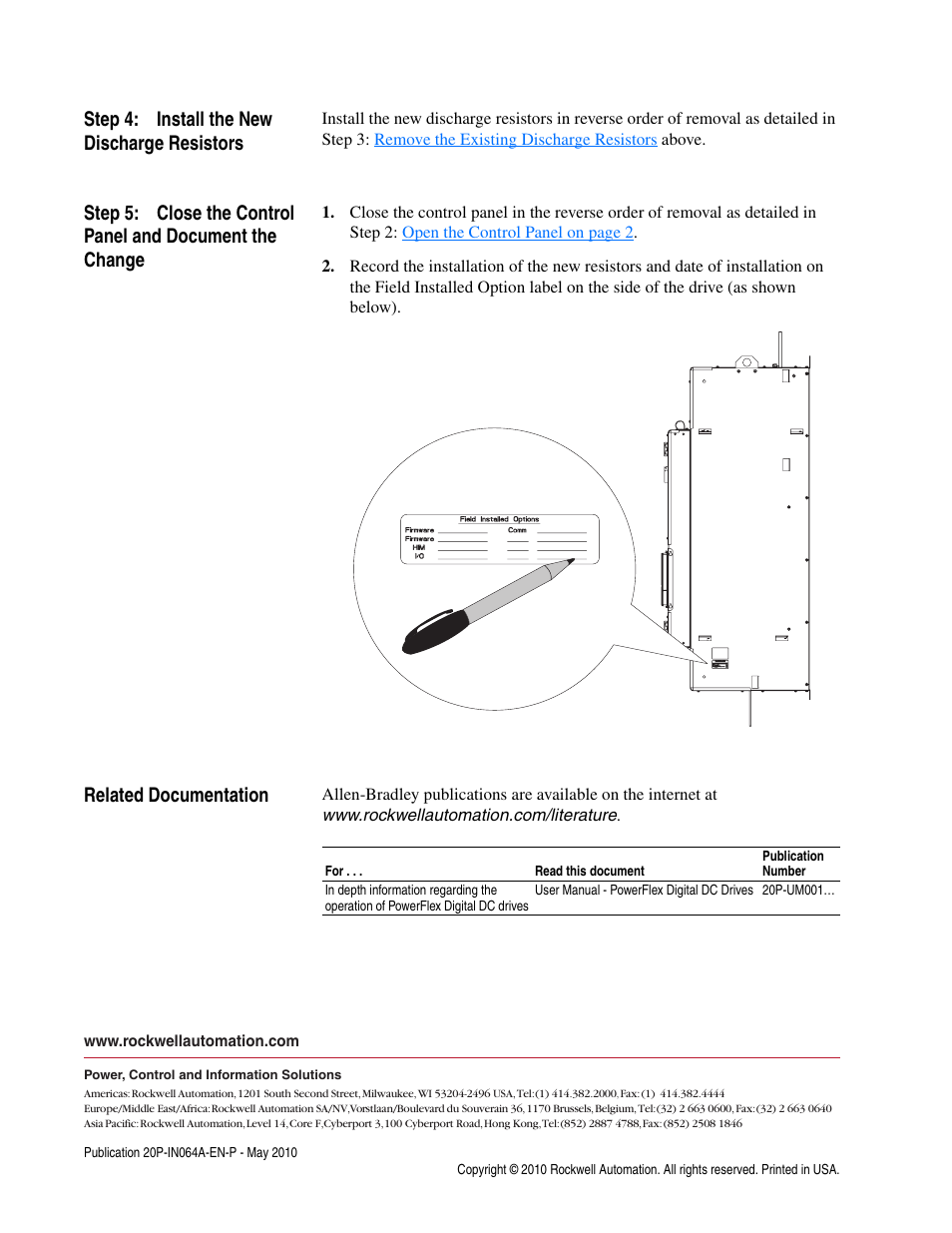 Step 4: install the new discharge resistors, Related documentation | Rockwell Automation 20P PowerFlex DC Drive - Frame D Discharge Resistors User Manual | Page 4 / 4