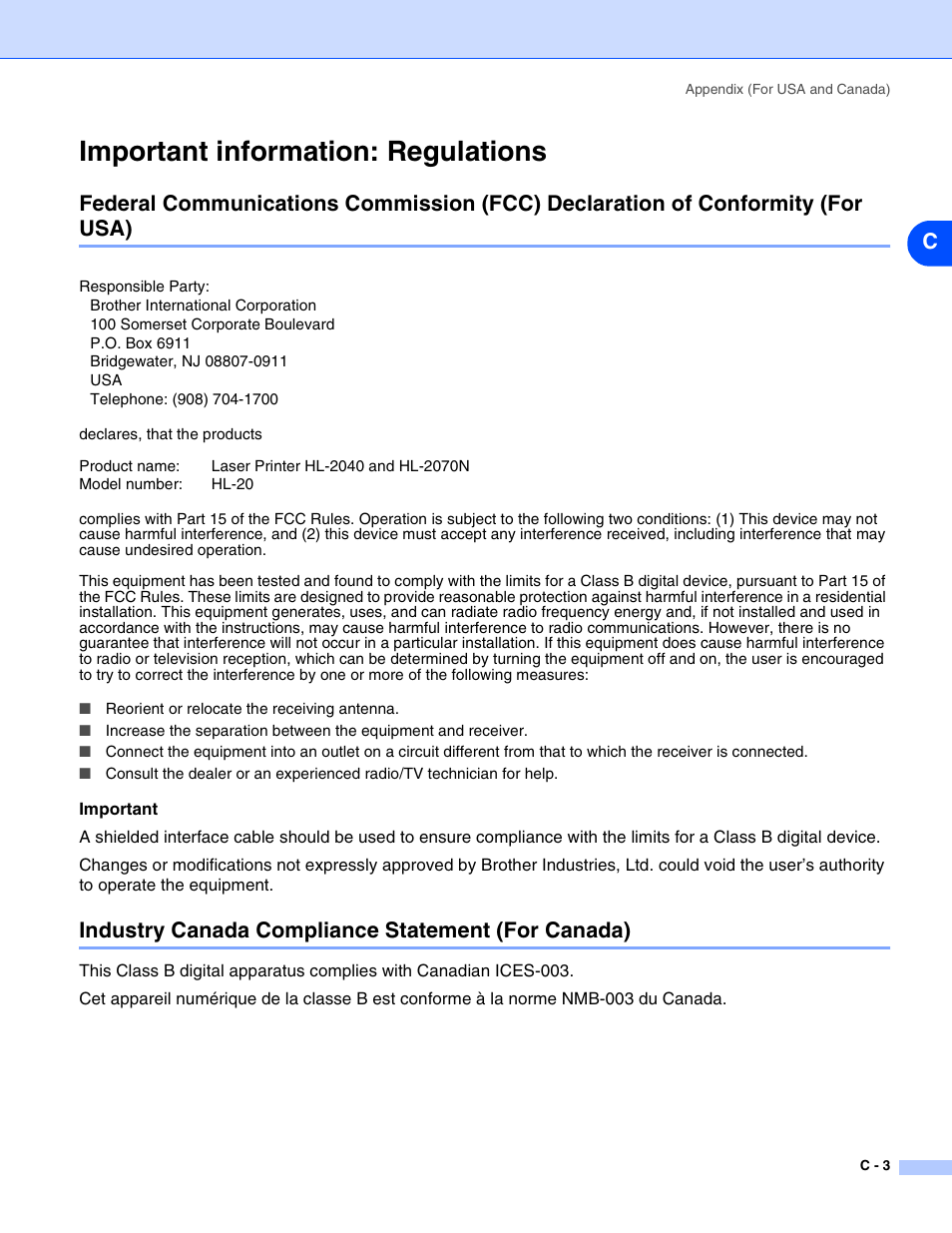 Important information: regulations, Industry canada compliance statement (for canada) | Brother HL-2070N  EN User Manual | Page 105 / 109