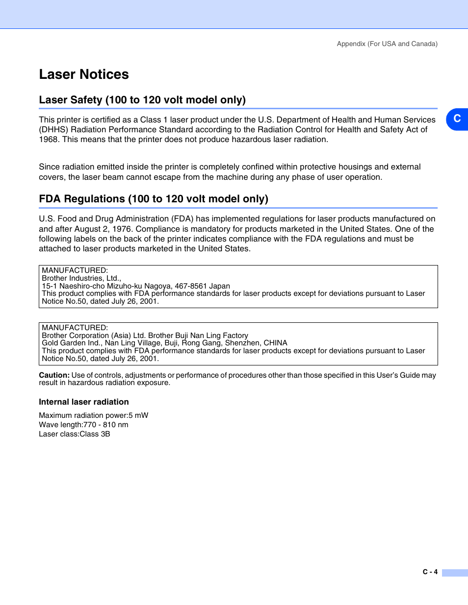 Laser notices, Laser safety (100 to 120 volt model only), Fda regulations (100 to 120 volt model only) | Brother HL-2070N  EN User Manual | Page 106 / 109