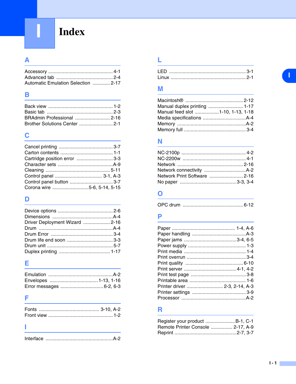 Index | Brother HL-2070N  EN User Manual | Page 108 / 109