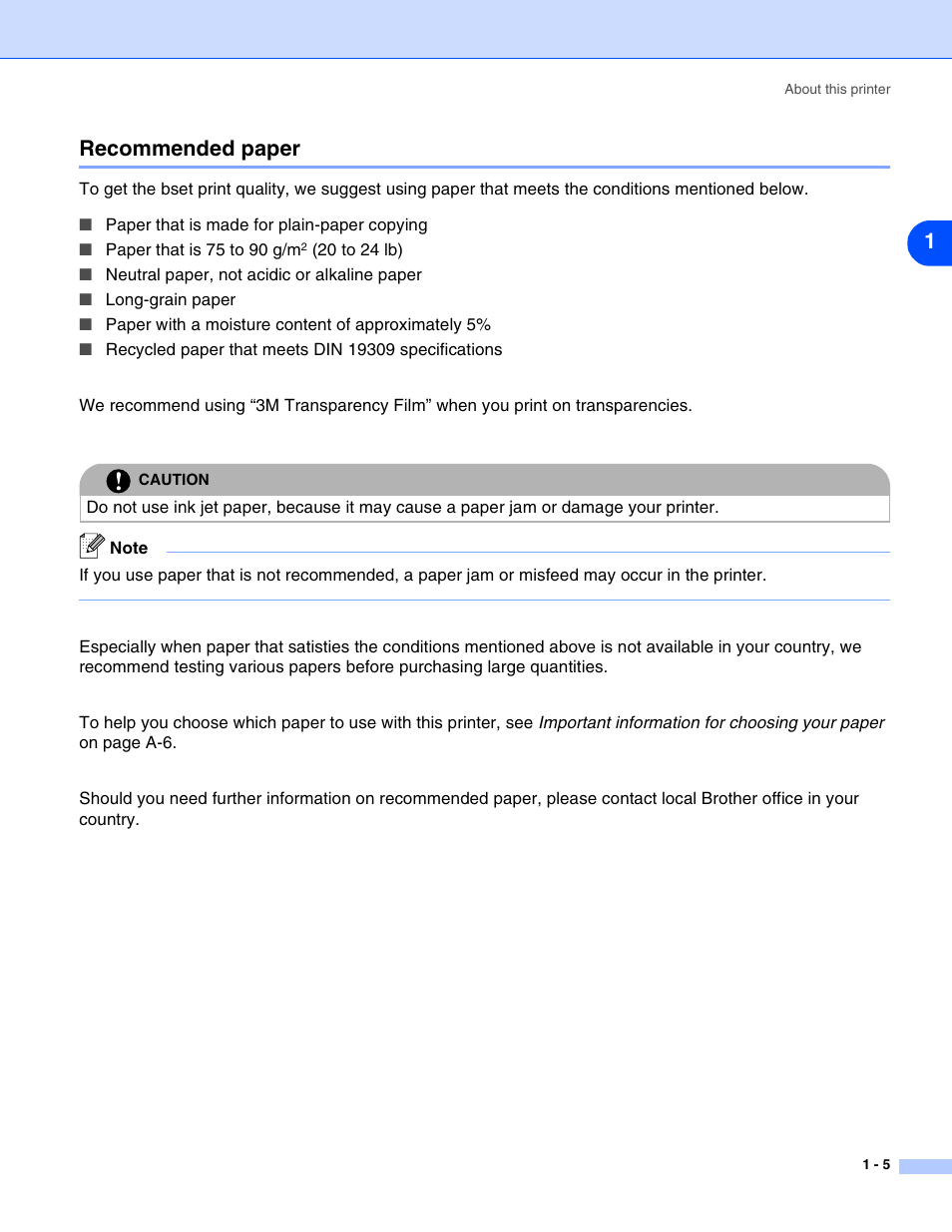 Recommended paper, Recommended paper -5, 1recommended paper | Brother HL-2070N  EN User Manual | Page 12 / 109