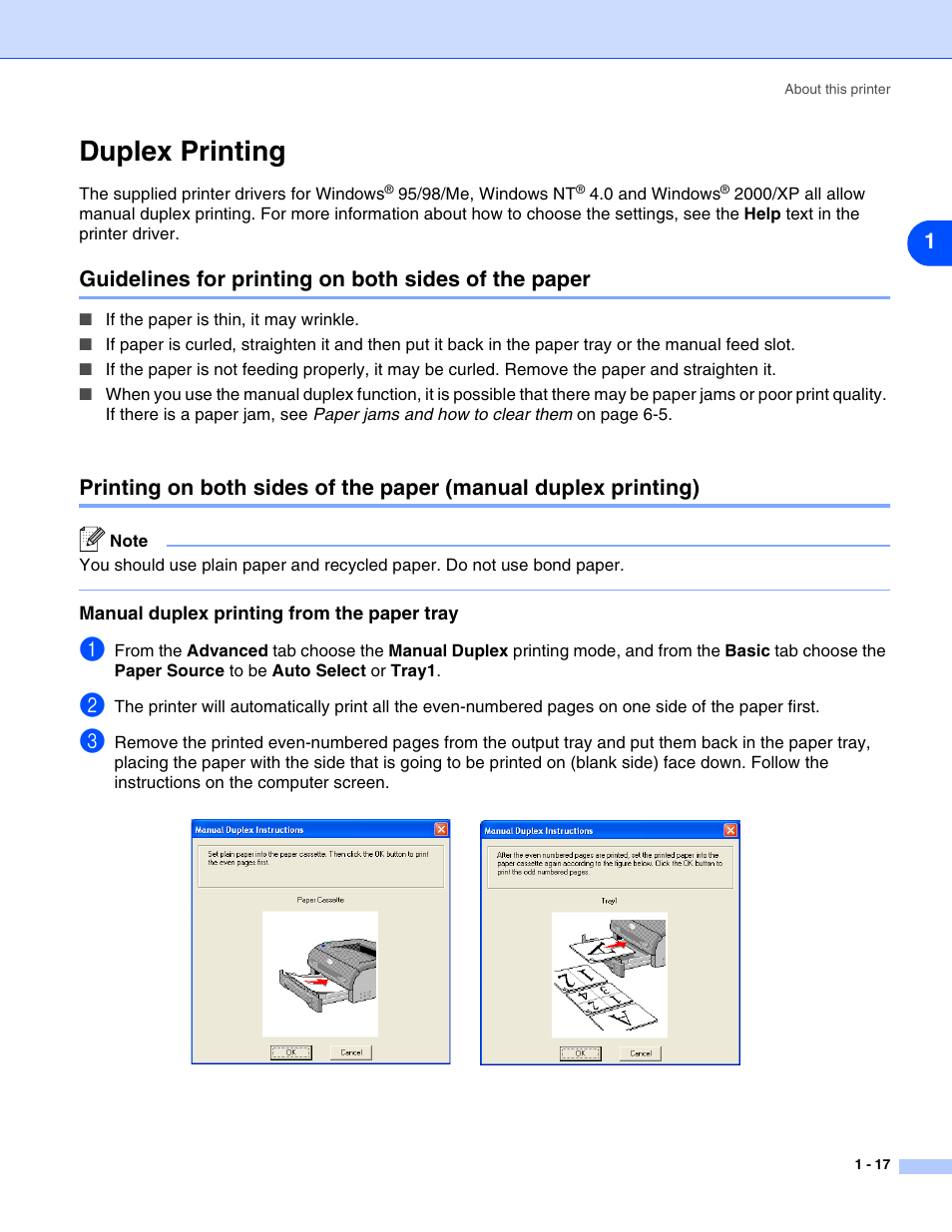 Duplex printing, Guidelines for printing on both sides of the paper, Manual duplex printing from the paper tray | Duplex printing -17, Manual duplex printing from the paper tray -17 | Brother HL-2070N  EN User Manual | Page 24 / 109