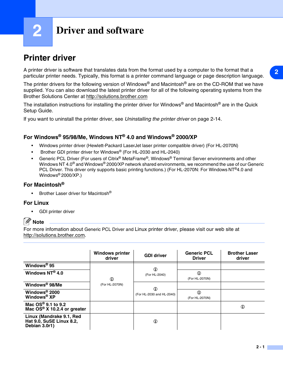 2 driver and software, Printer driver, Driver and software -1 | Printer driver -1, Driver and software | Brother HL-2070N  EN User Manual | Page 27 / 109