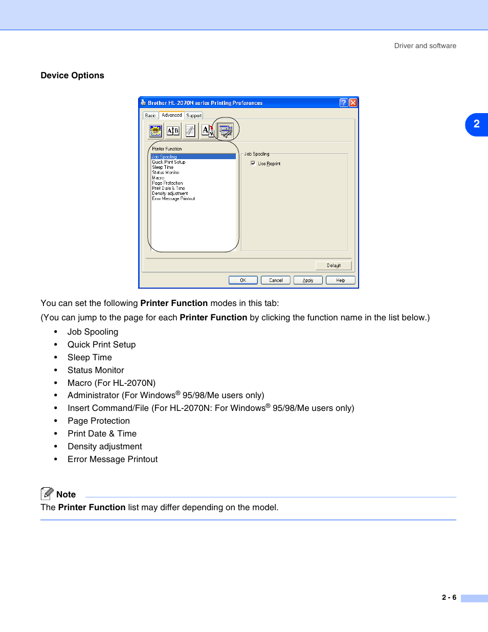 Device options | Brother HL-2070N  EN User Manual | Page 32 / 109