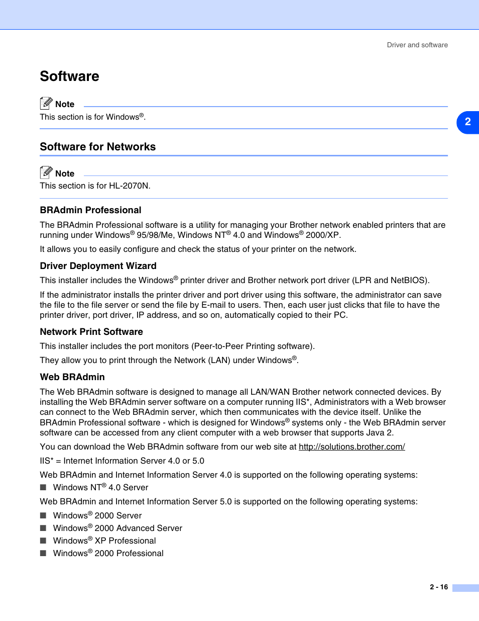Software, Software for networks, Bradmin professional | Driver deployment wizard, Network print software, Web bradmin, Software -16, Software for networks -16 | Brother HL-2070N  EN User Manual | Page 42 / 109