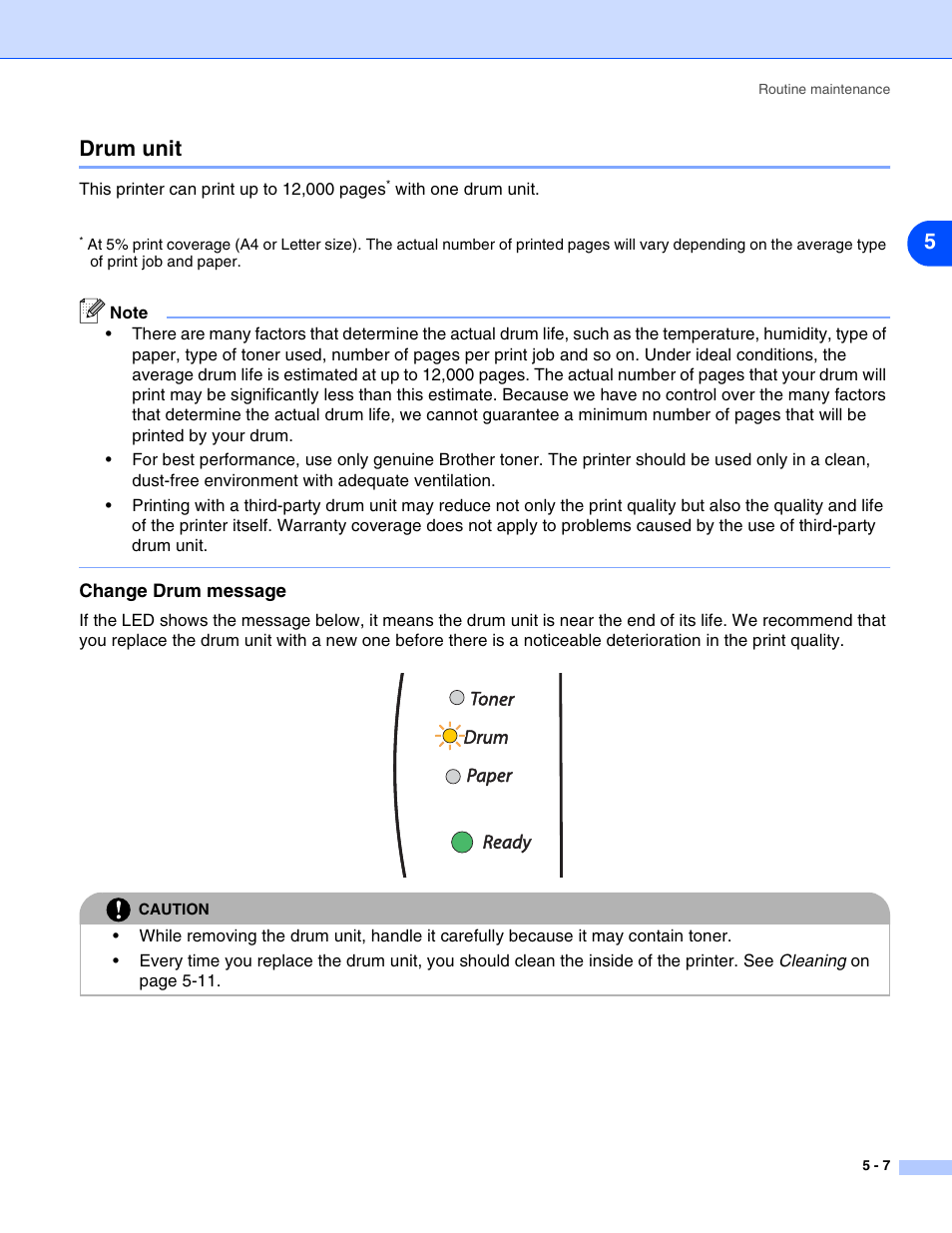 Drum unit, Change drum message, Drum unit -7 | Change drum message -7, 5drum unit | Brother HL-2070N  EN User Manual | Page 63 / 109